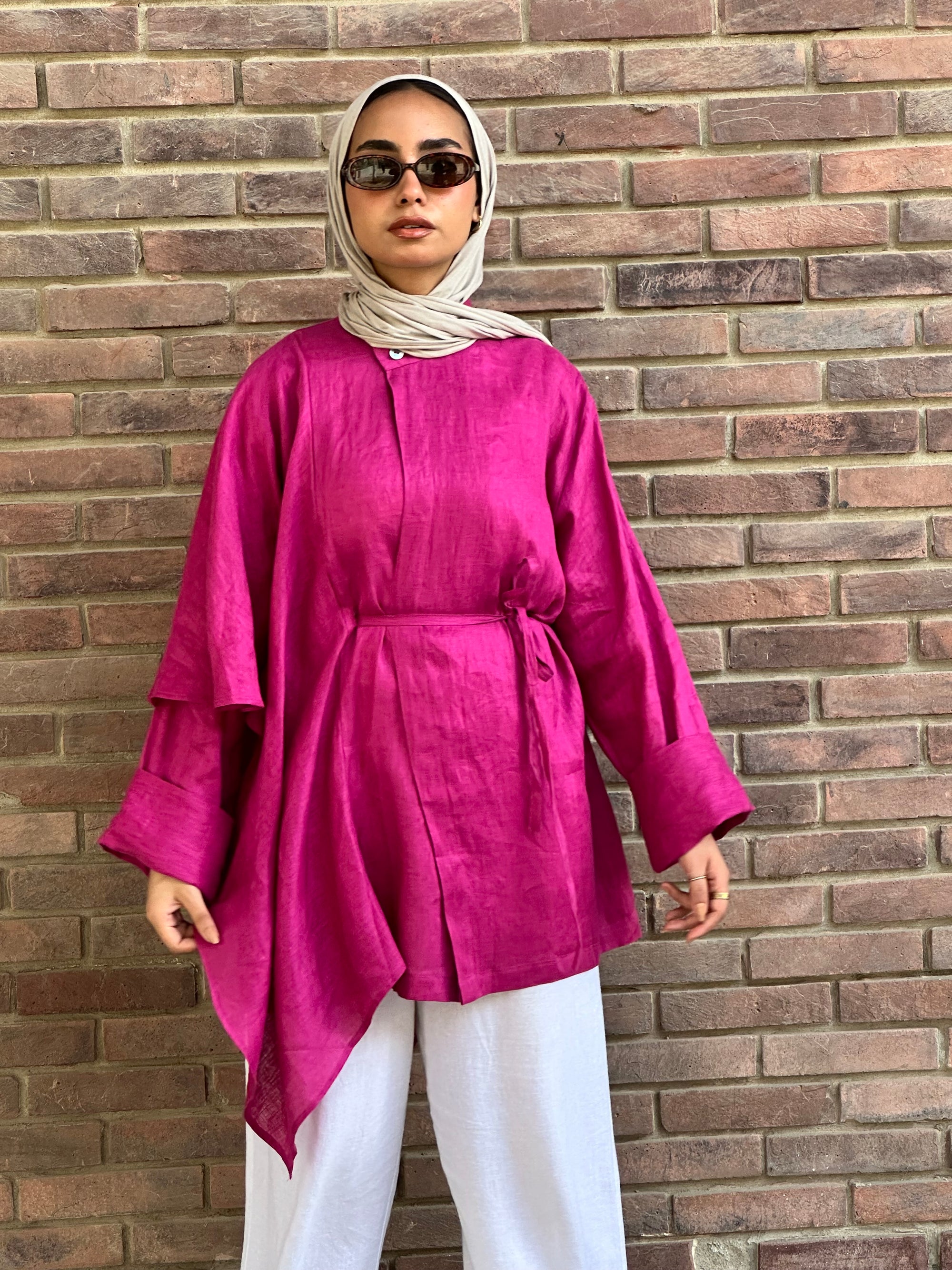 Fushia Side Ruffle Linen Shirt