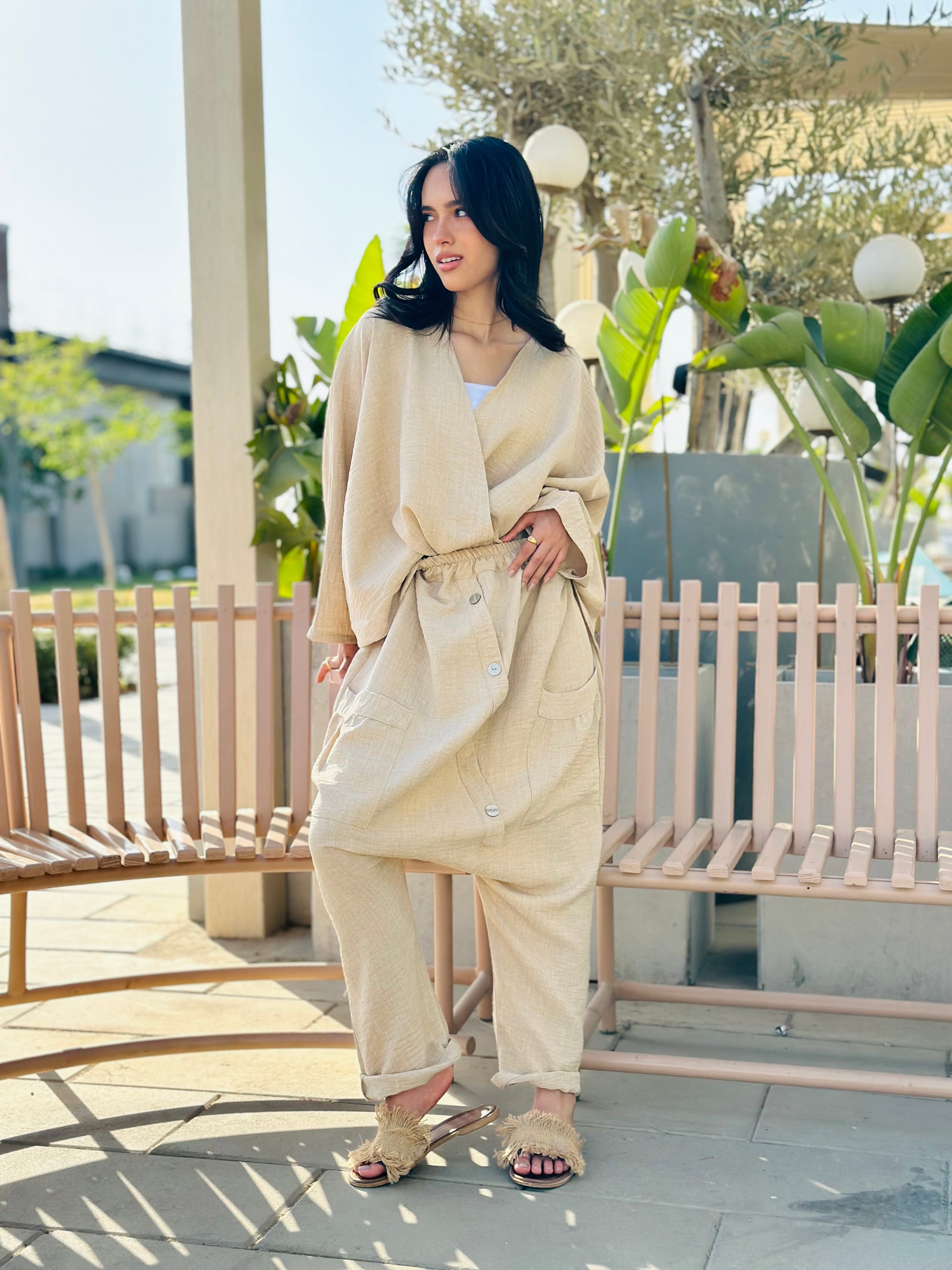 Beige Linen Harem Set