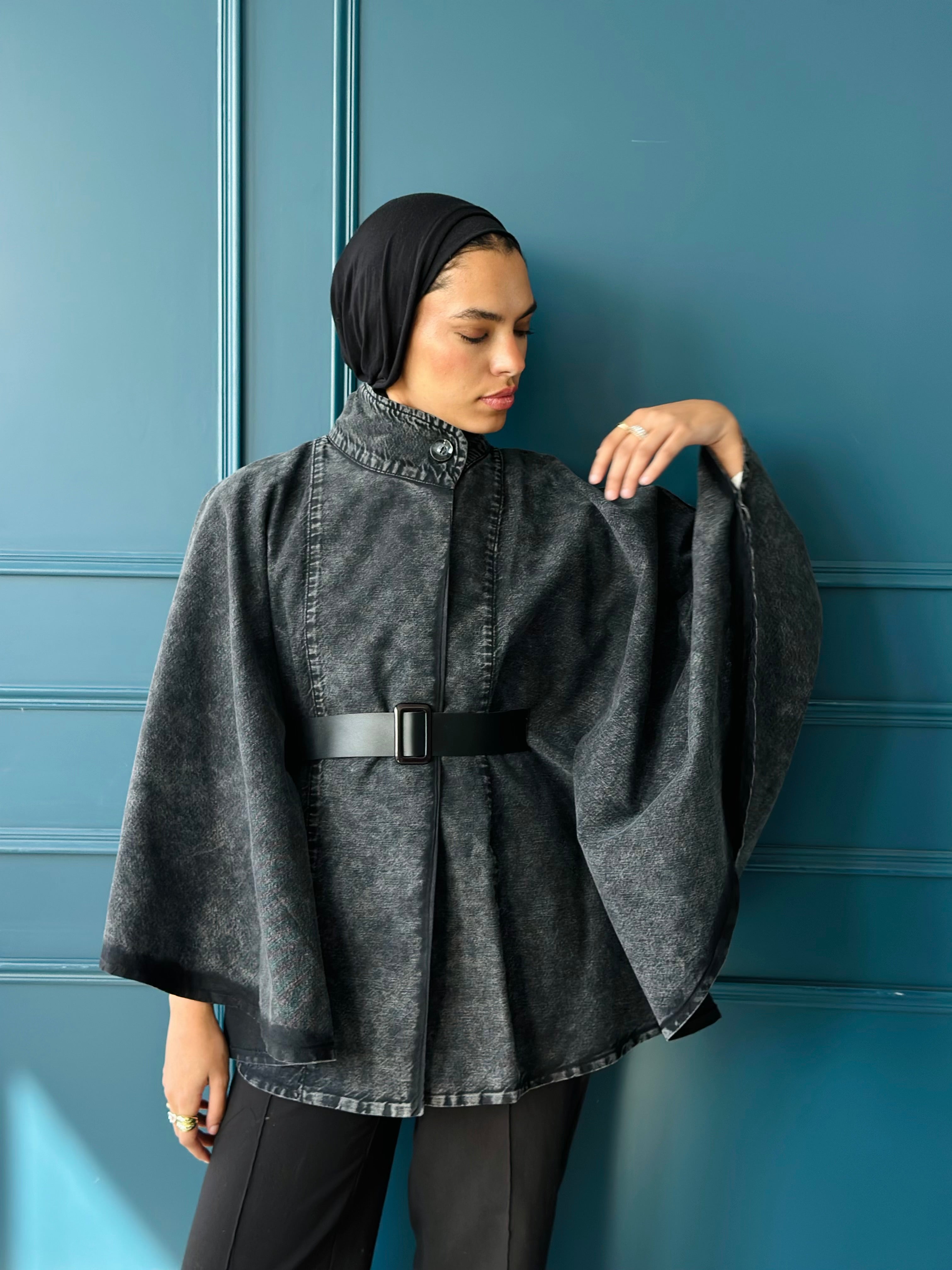 Washed Black Belted Denim Cape.