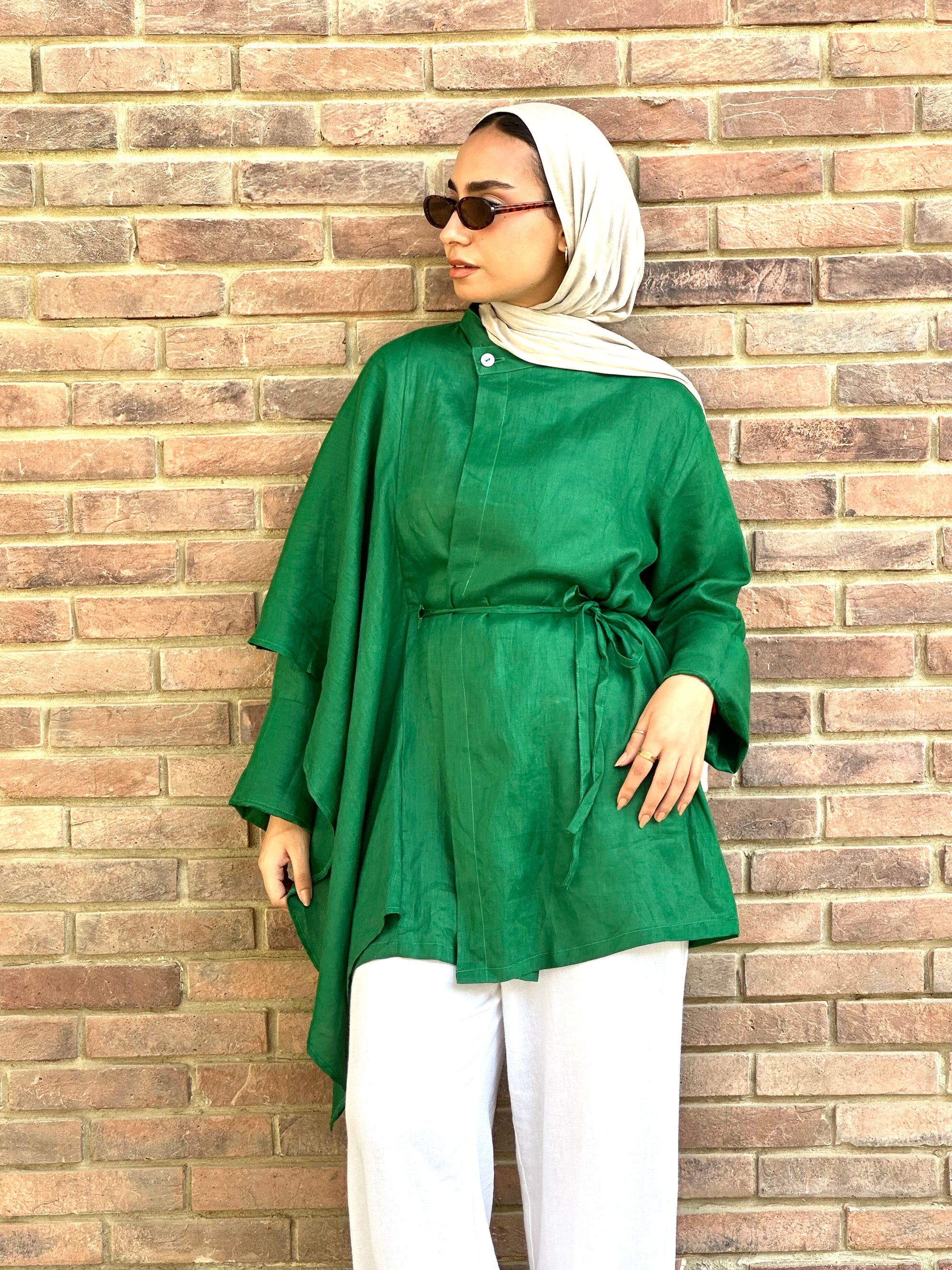 Green Side Ruffle Linen Shirt