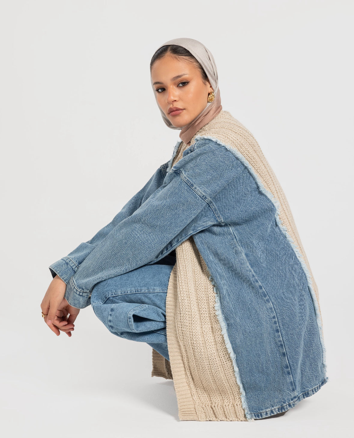 Beige Denim x Knit Cardigan