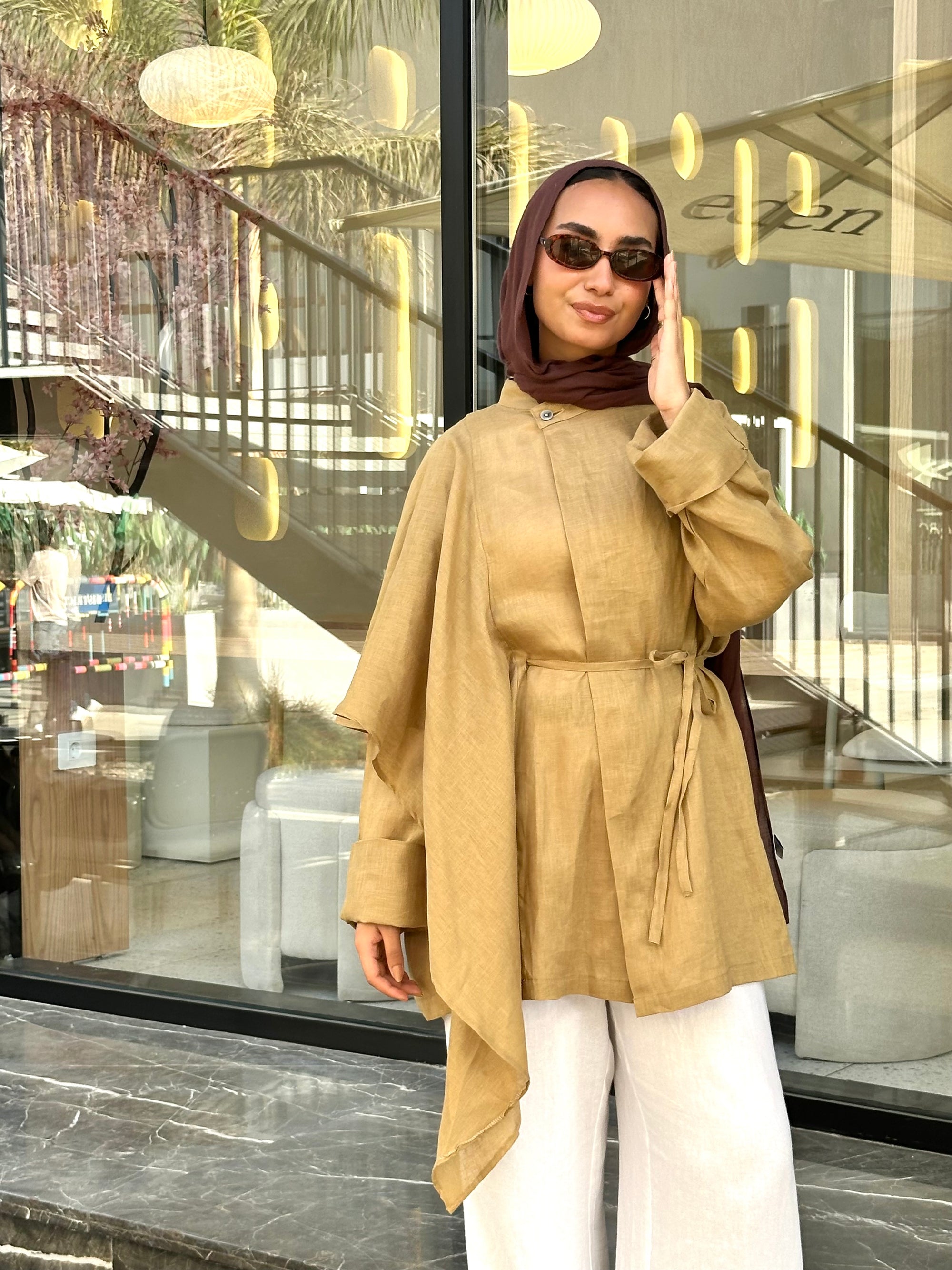 Beige Side Ruffle Linen Shirt