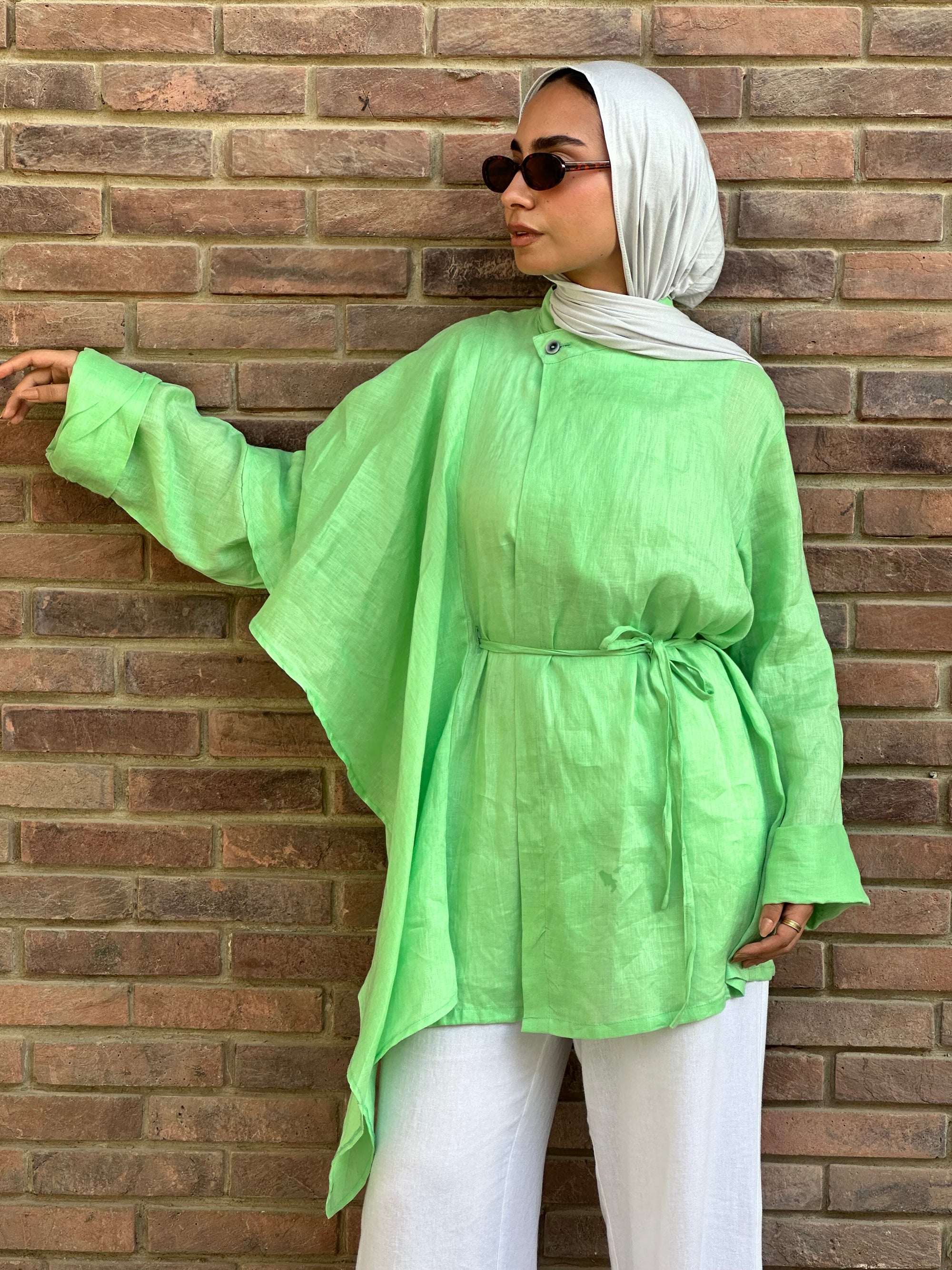 Lime Side Ruffle Linen Shirt