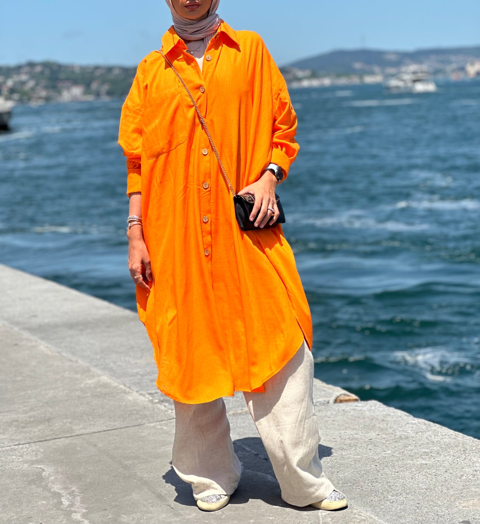 Orange Long Line Linen Shirt