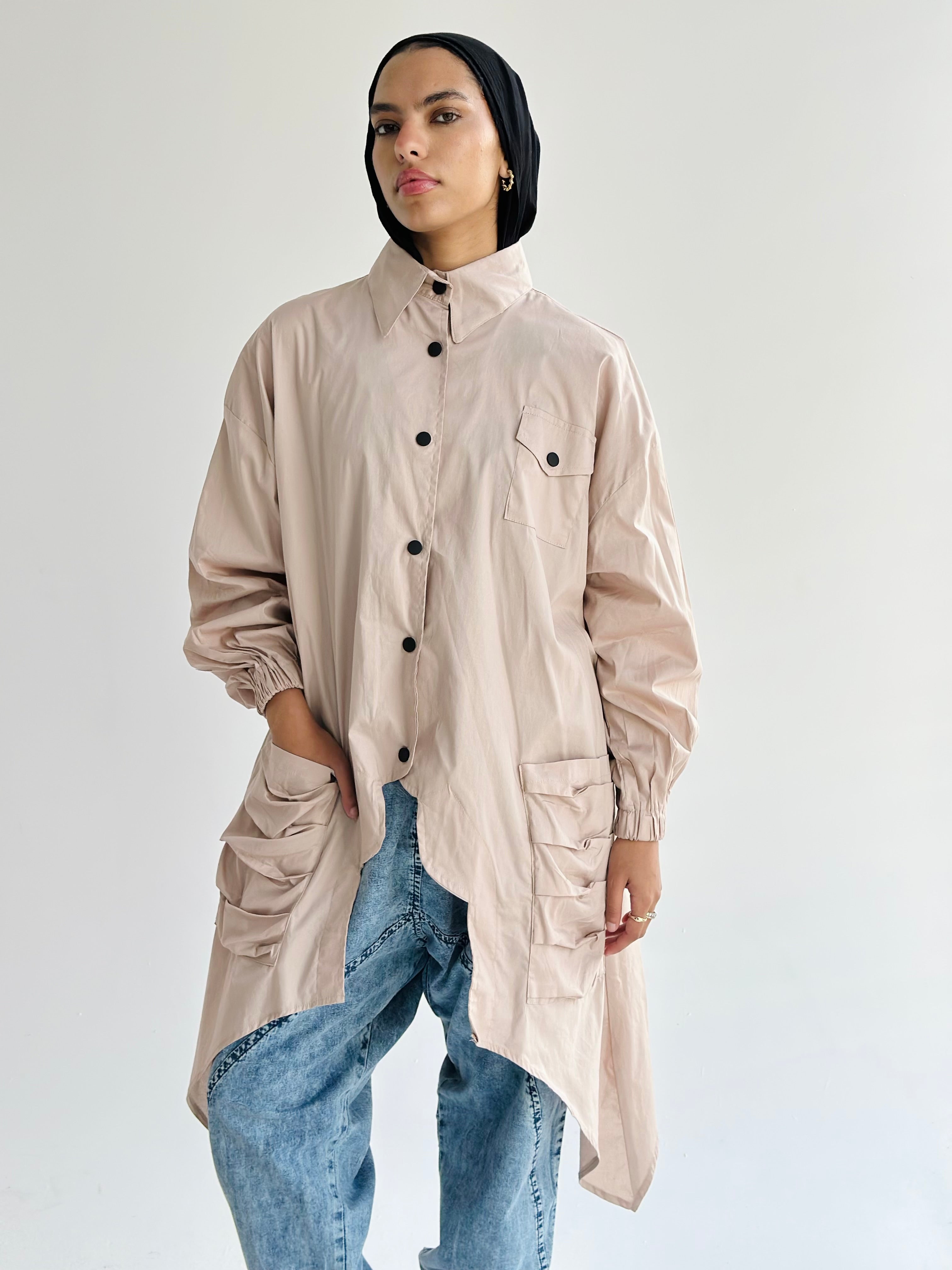 Beige Big Pockets Poplin Shirt