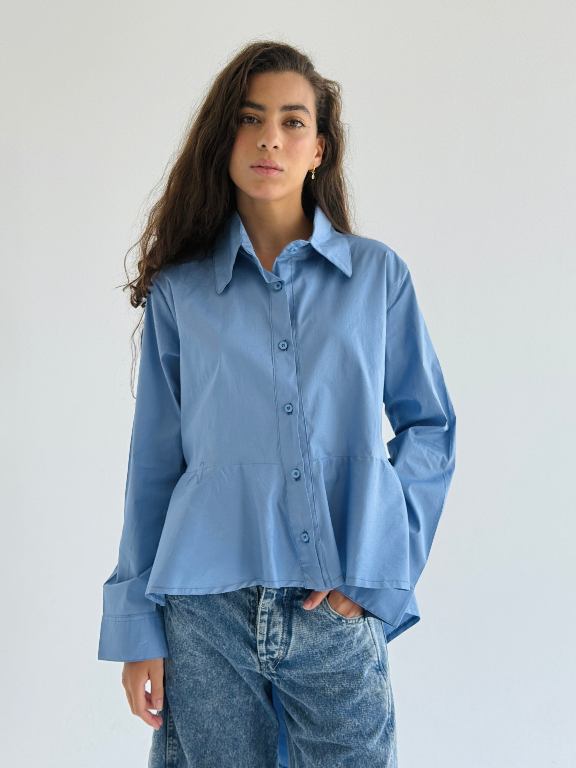 Blue Round Ruffled Poplin Shirt