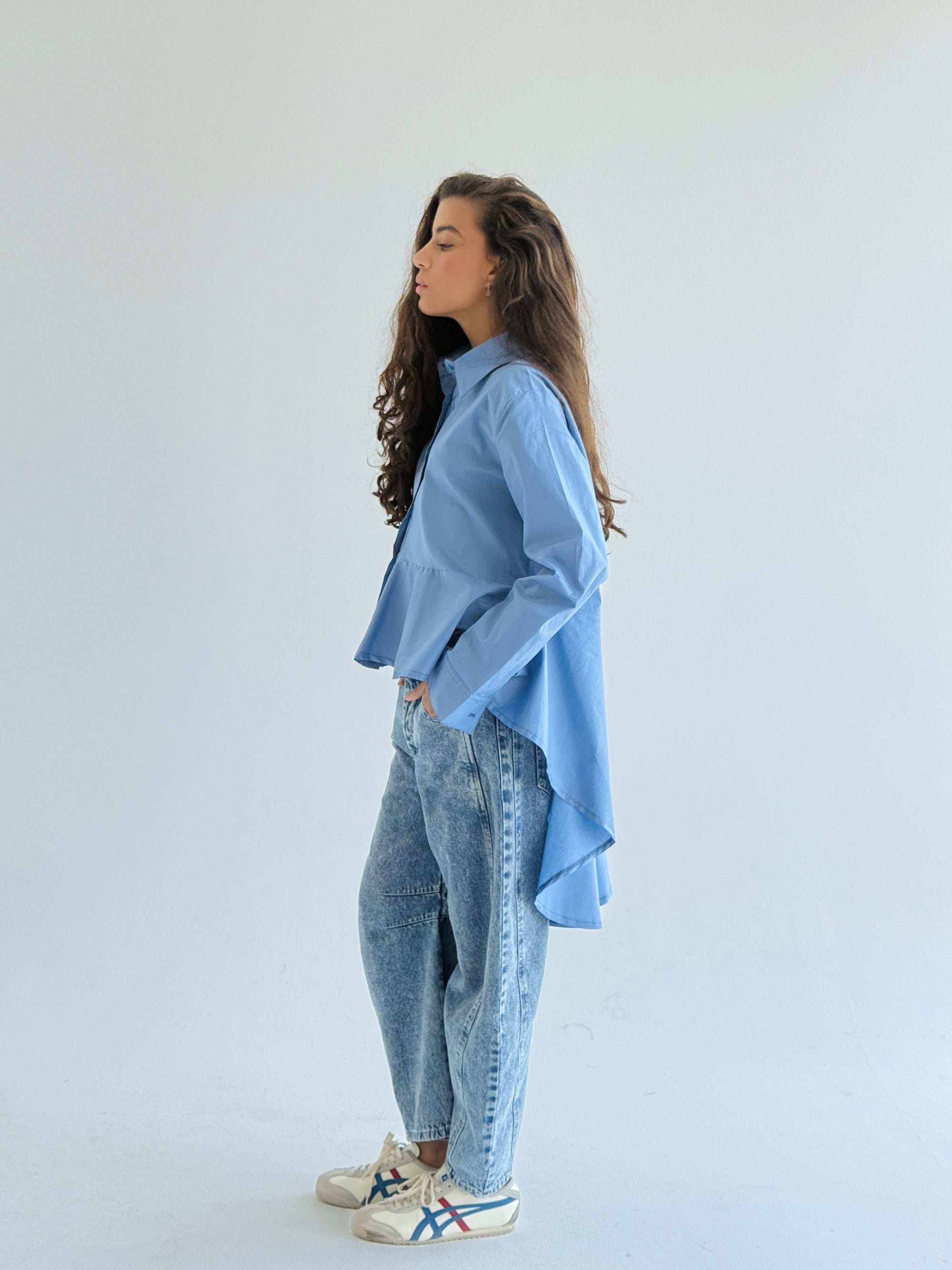 Blue Round Ruffled Poplin Shirt