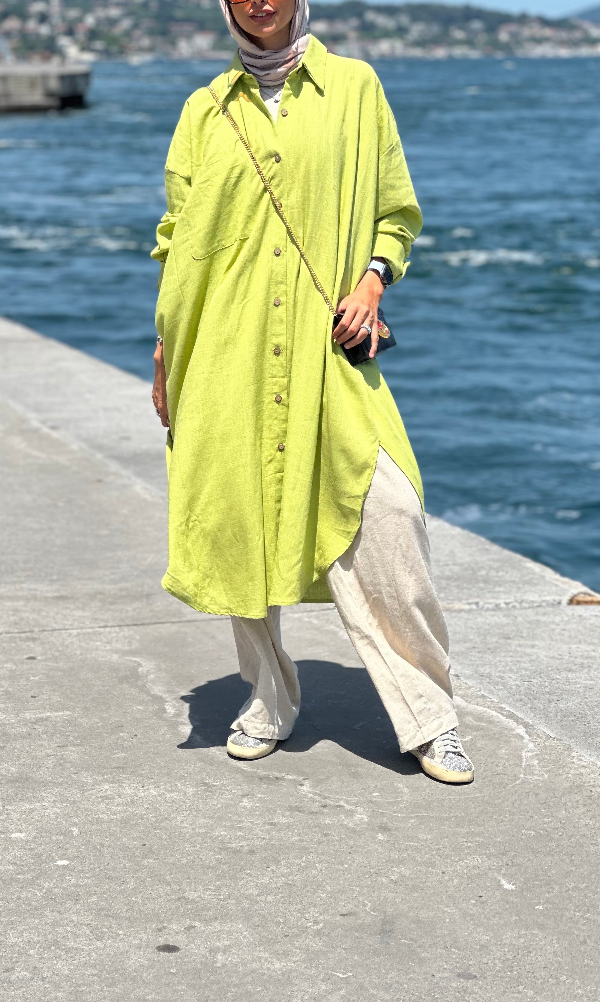 Lime Long Line Linen Shirt