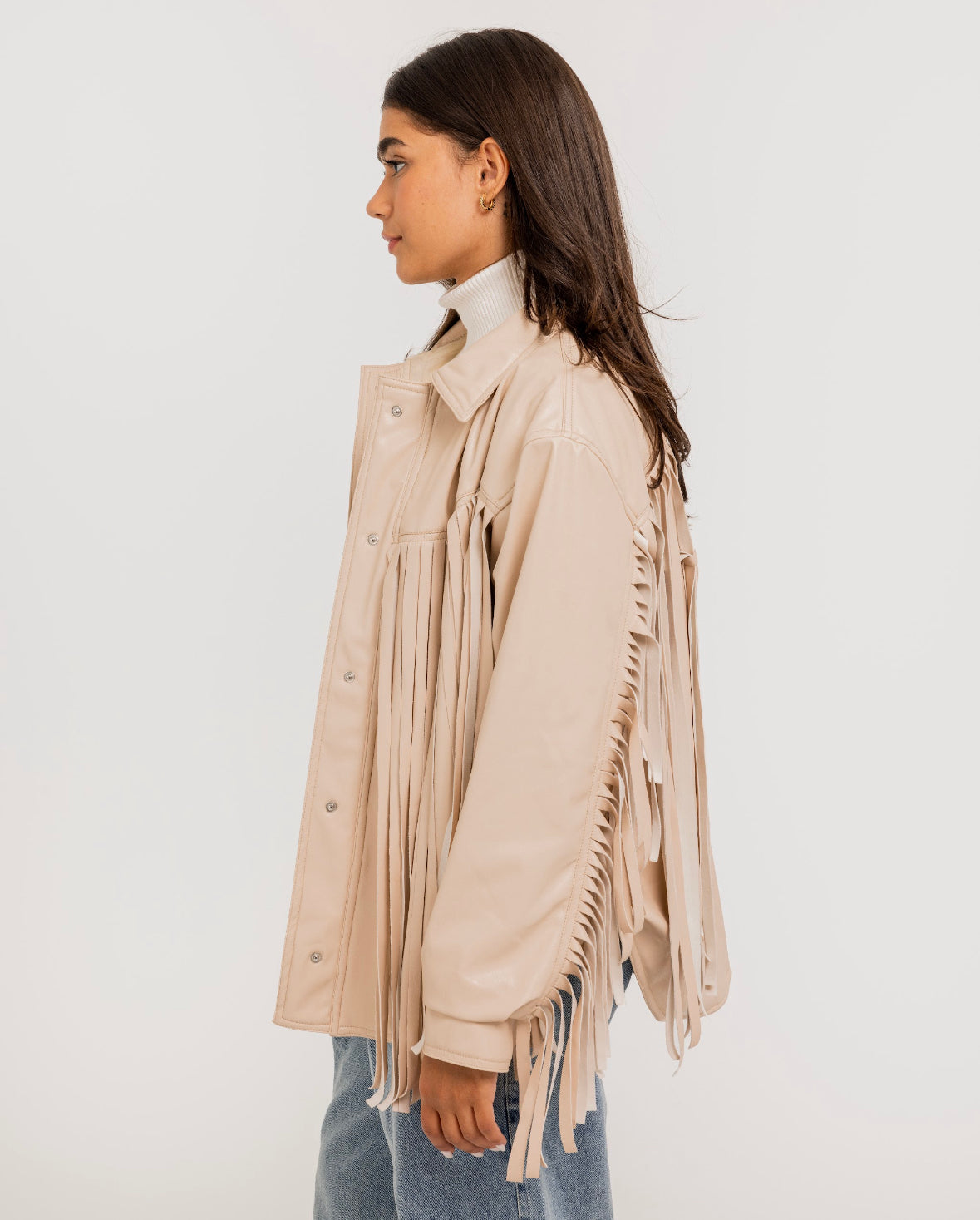 Beige Fringes Leather Jacket