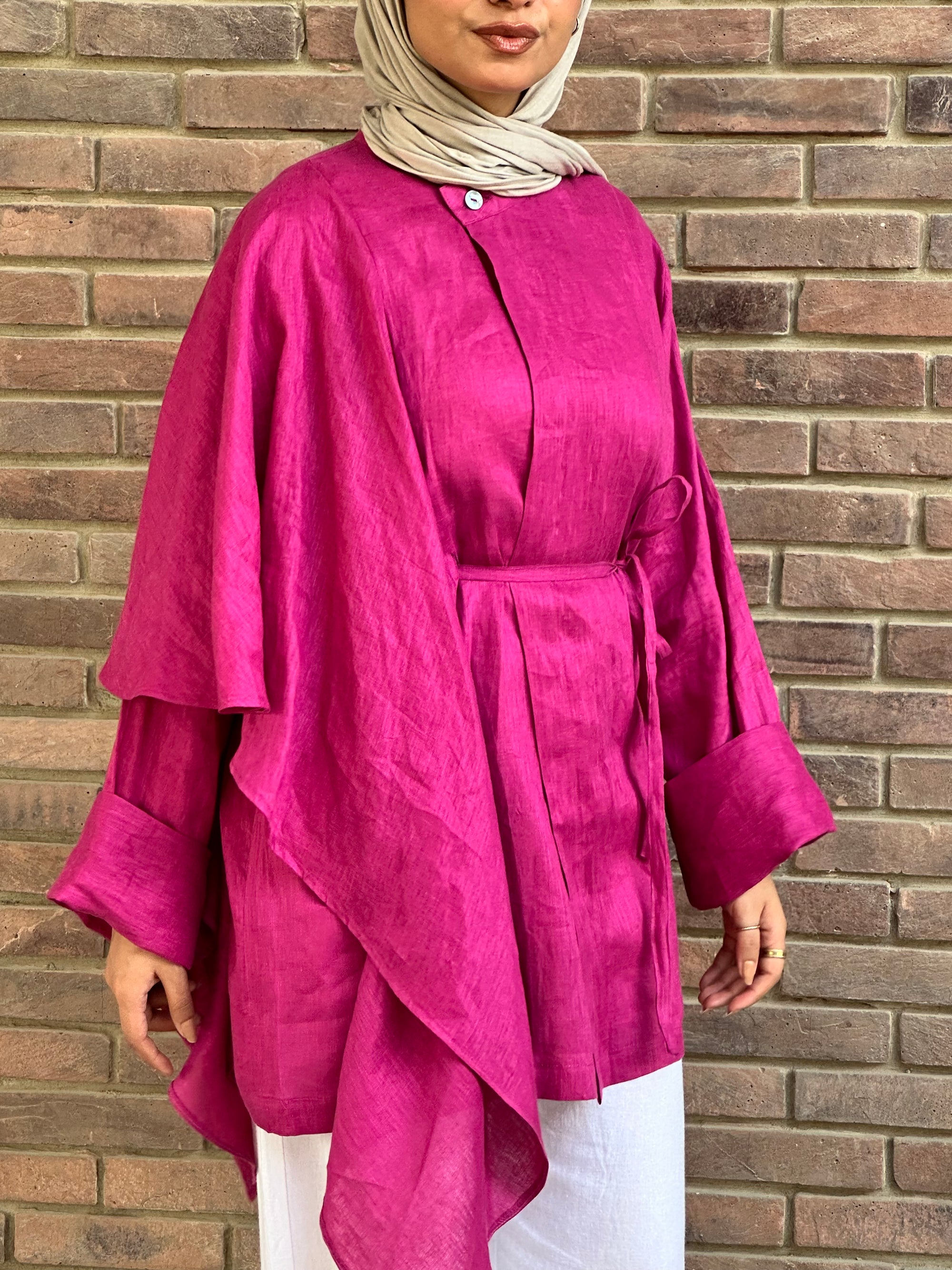 Fushia Side Ruffle Linen Shirt