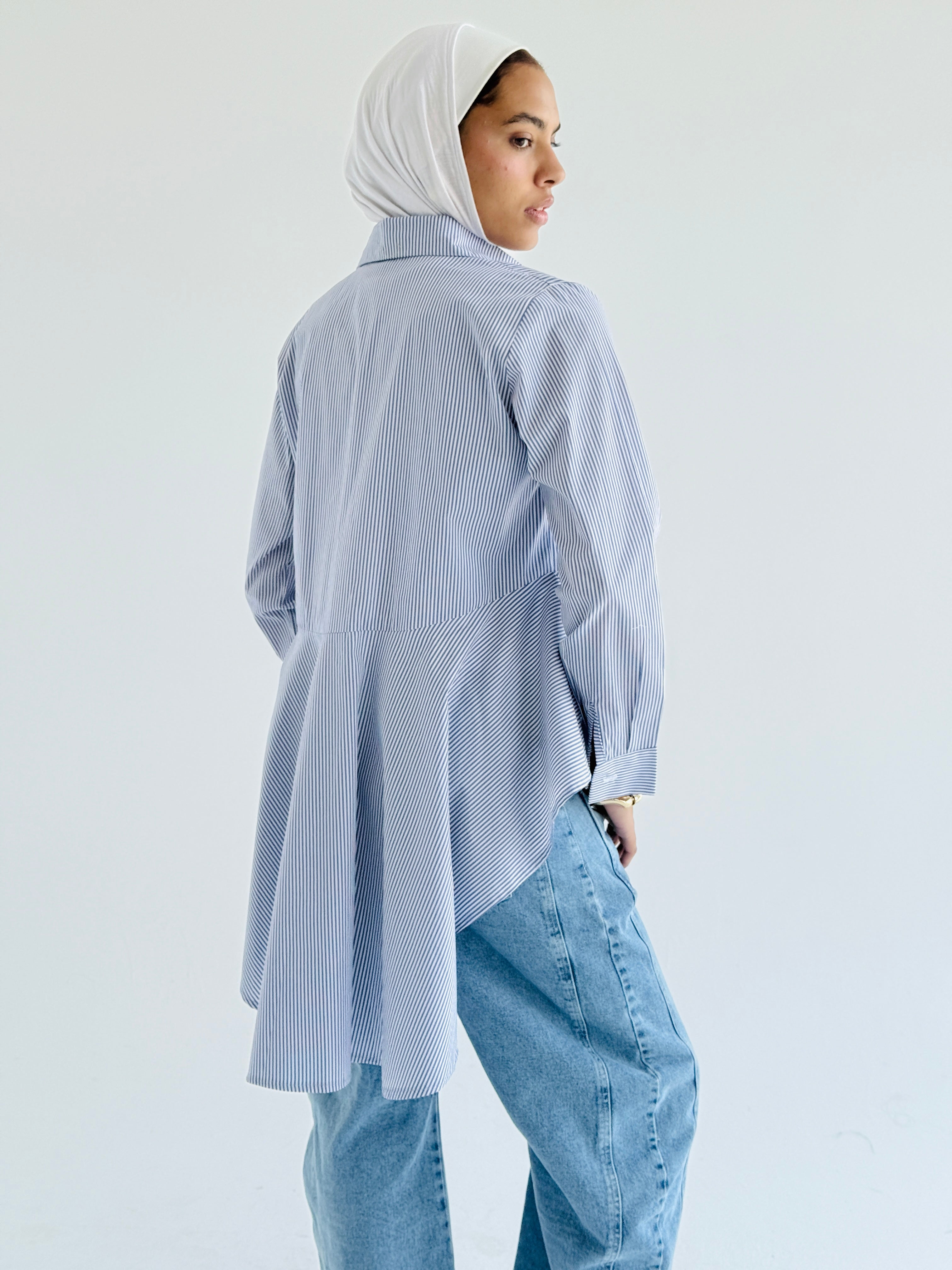 Striped Blue Round Ruffled Poplin Shirt