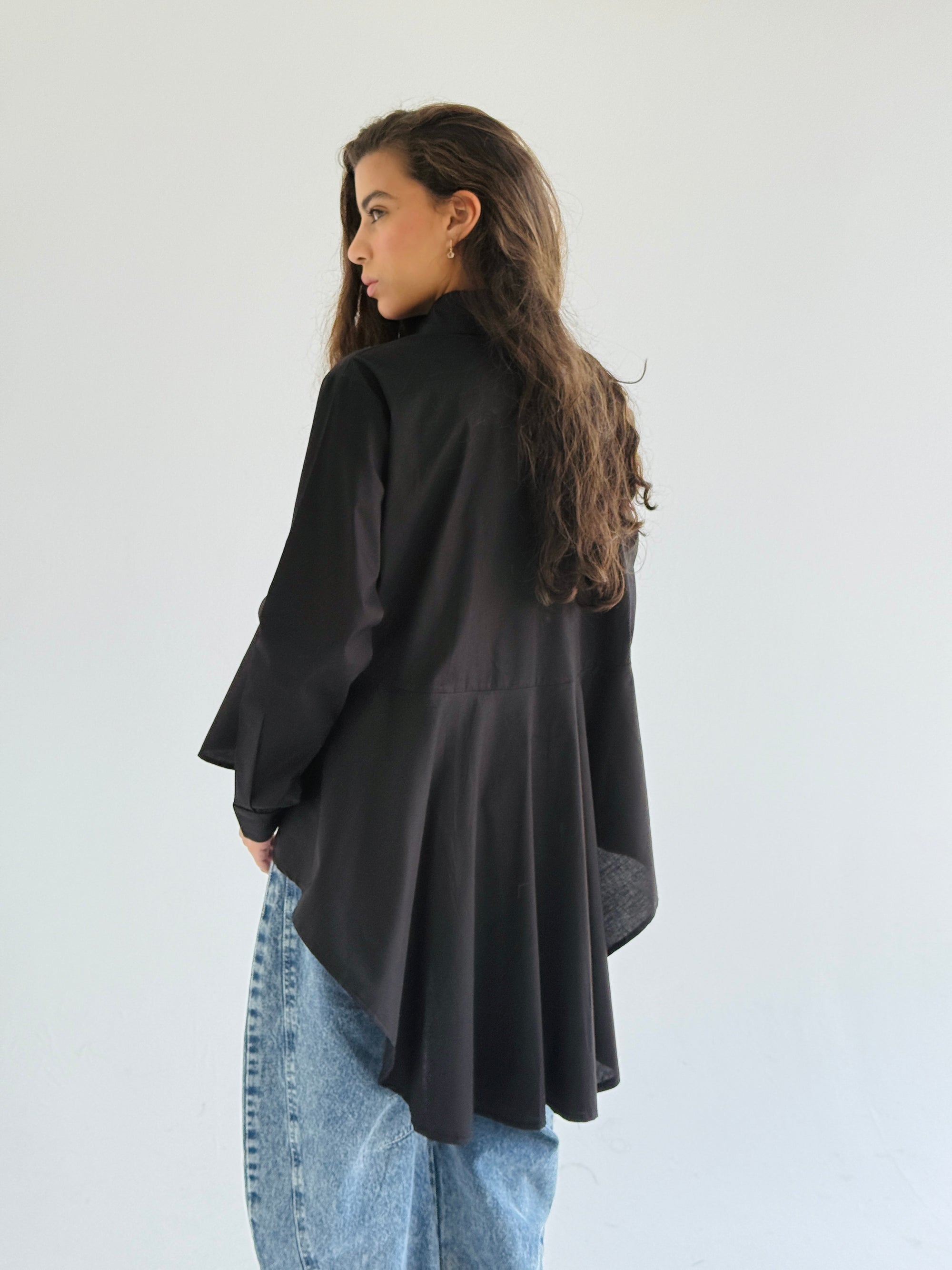 Black Round Ruffled Poplin Shirt