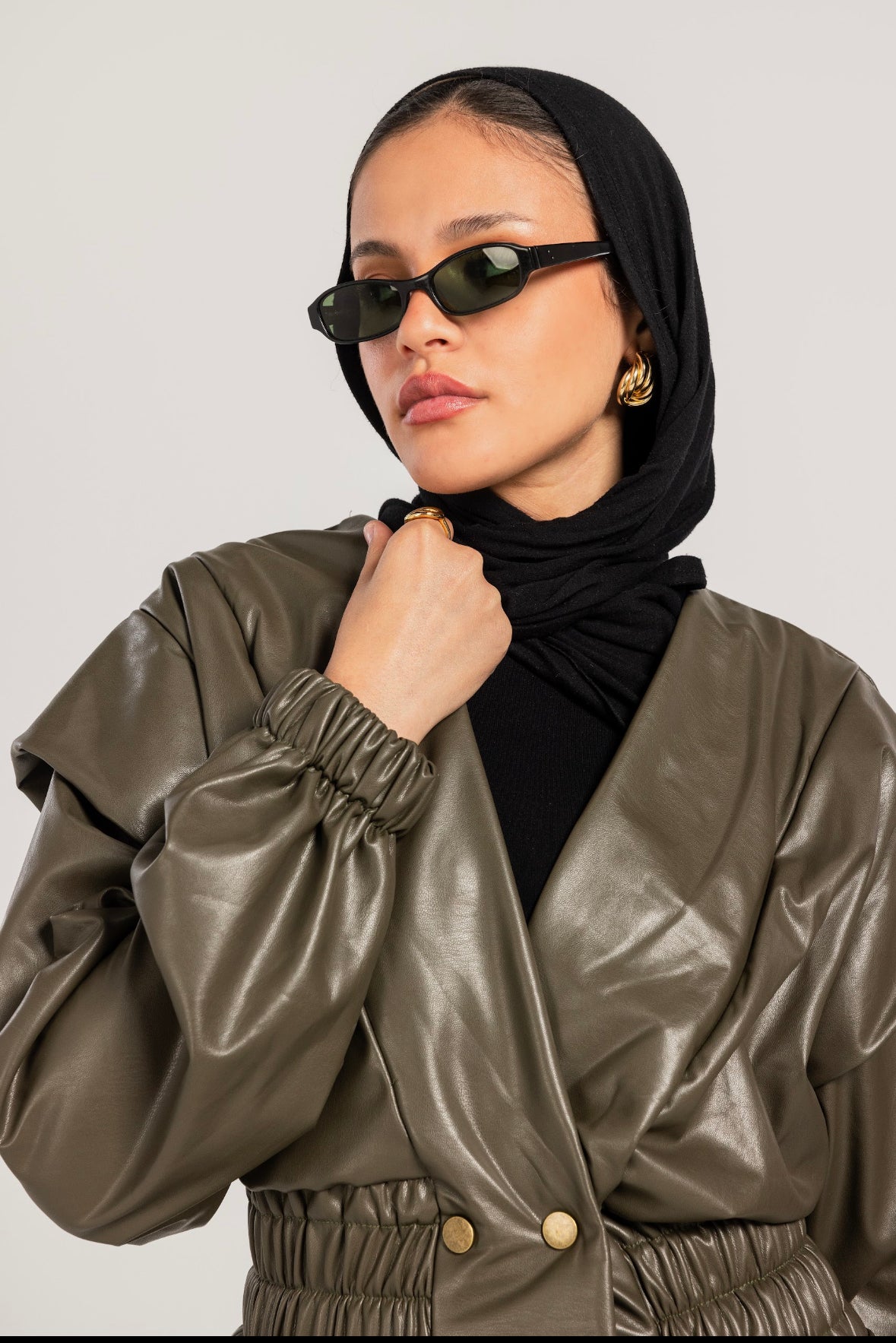 Olive Drop Shoulders Leather Jacket