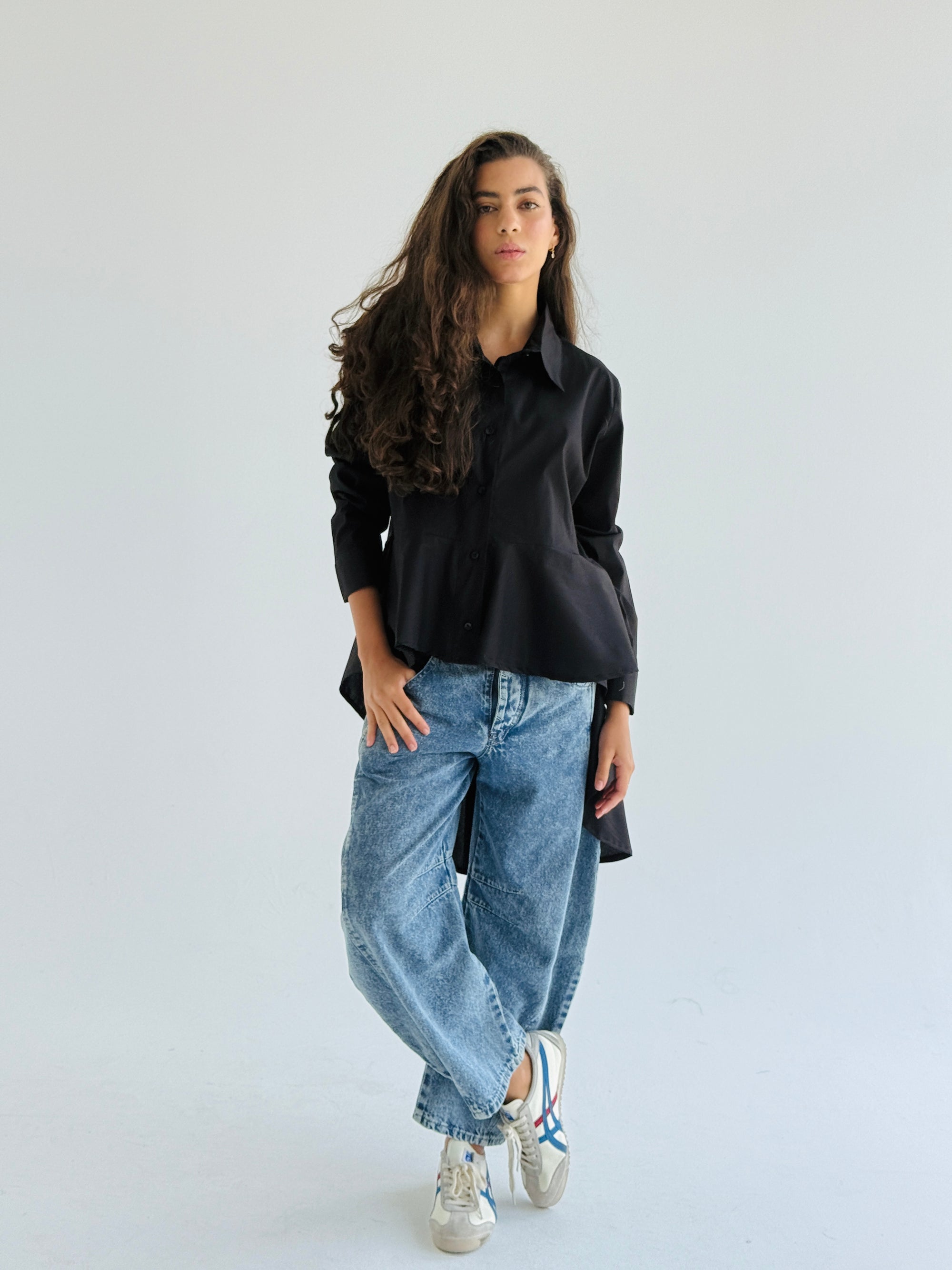Black Round Ruffled Poplin Shirt
