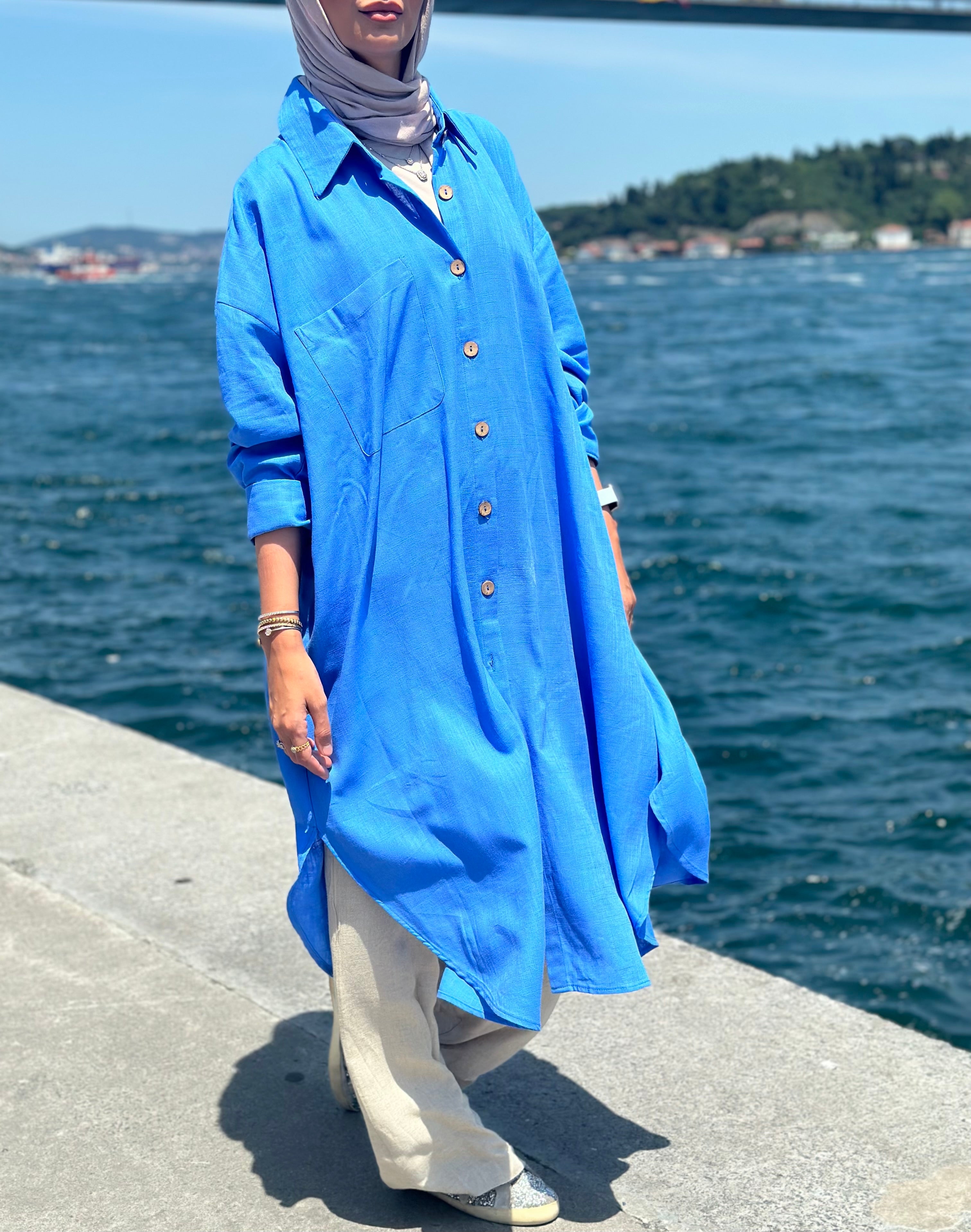 Blue Long Line Linen Shirt