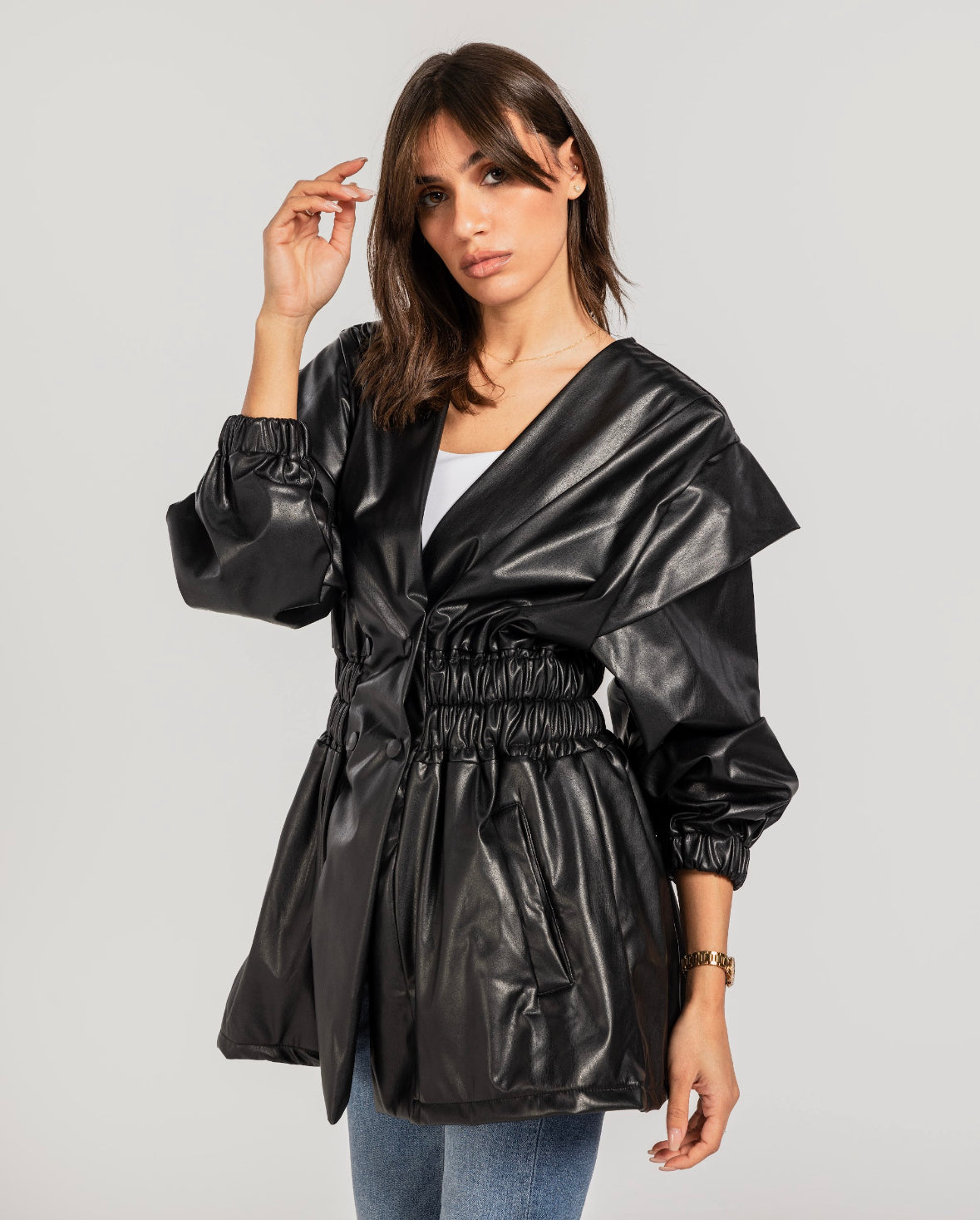 Black Drop Shoulders Leather Jacket