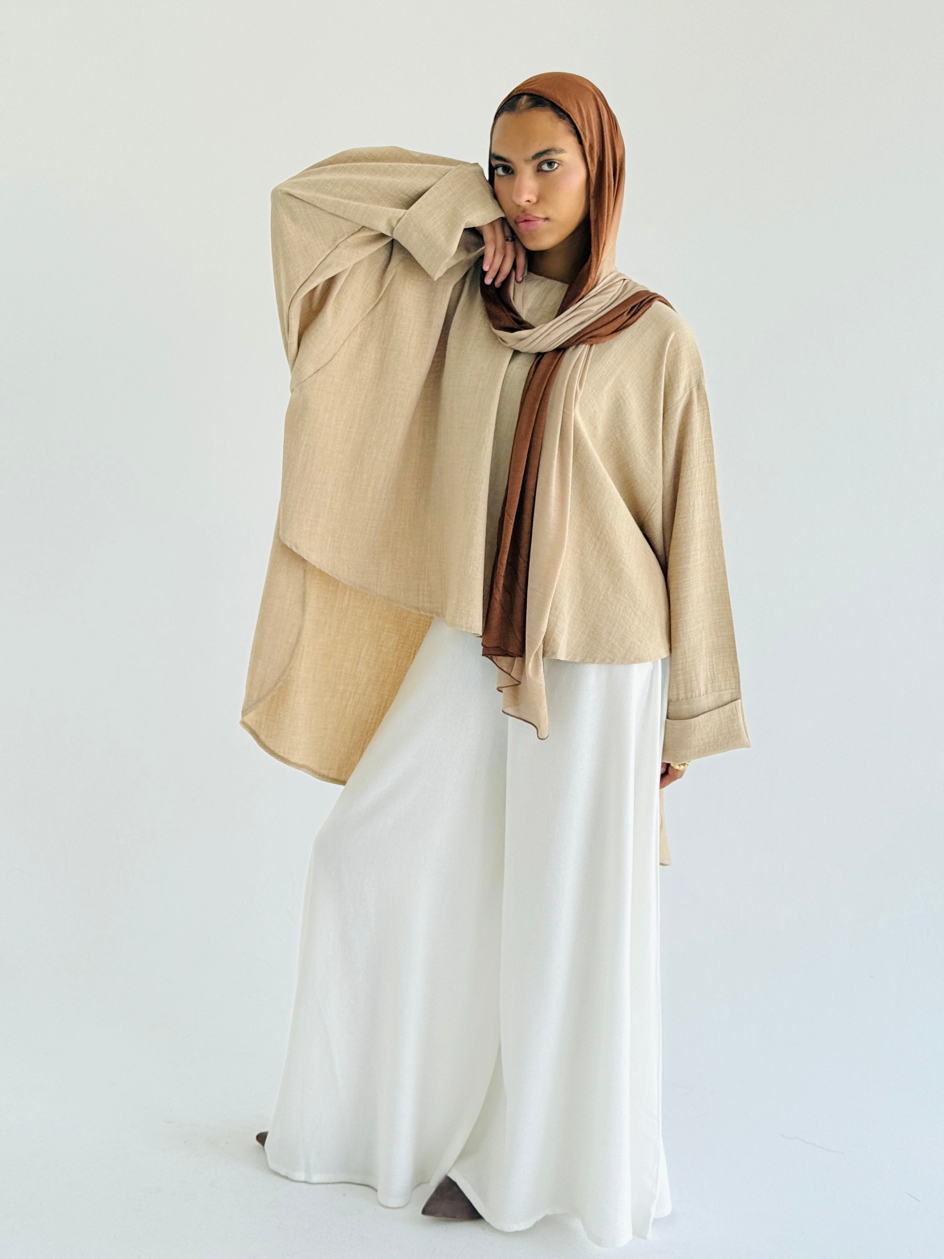 Beige High Low Linen Top