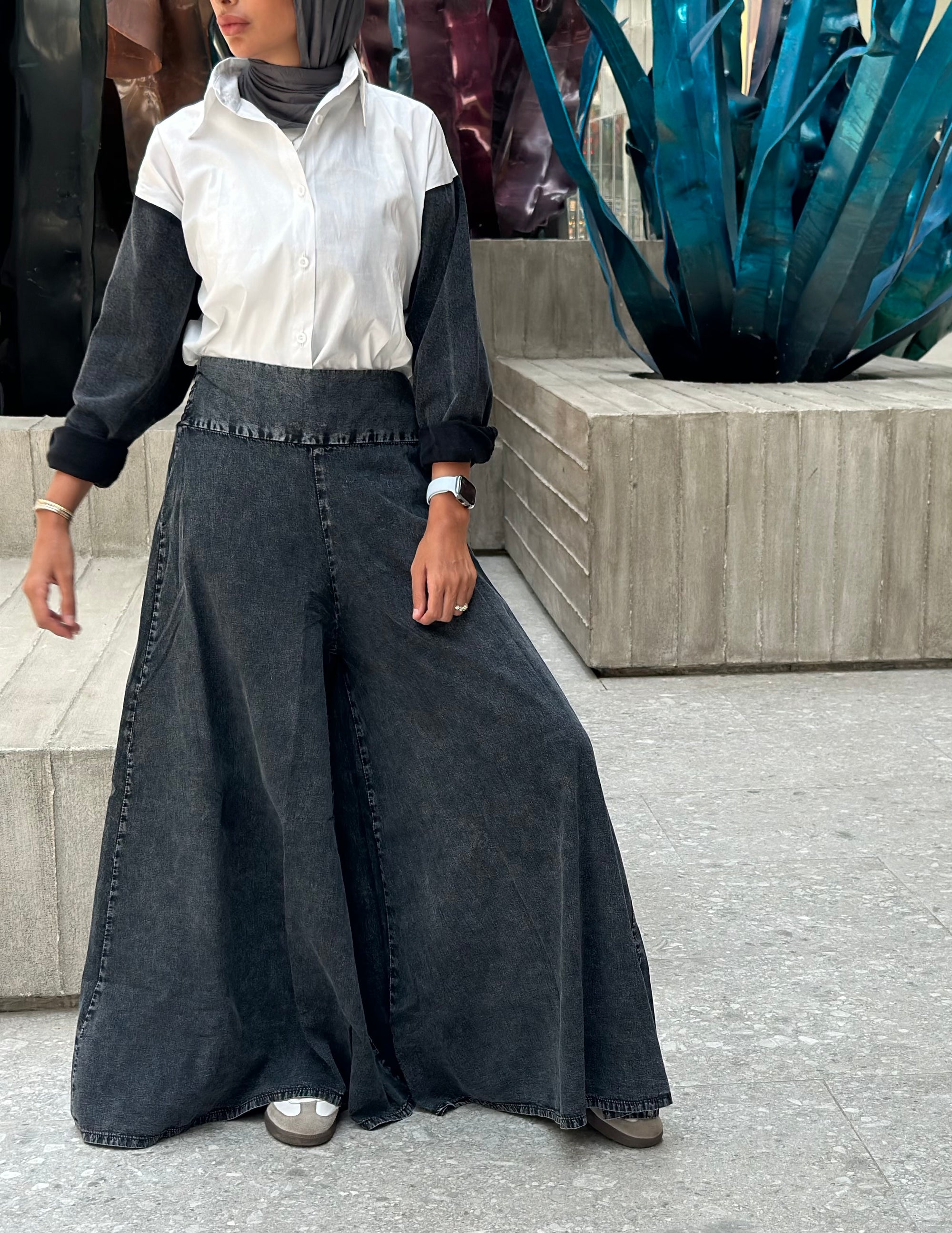 Washed Black Denim Palazzo Pants
