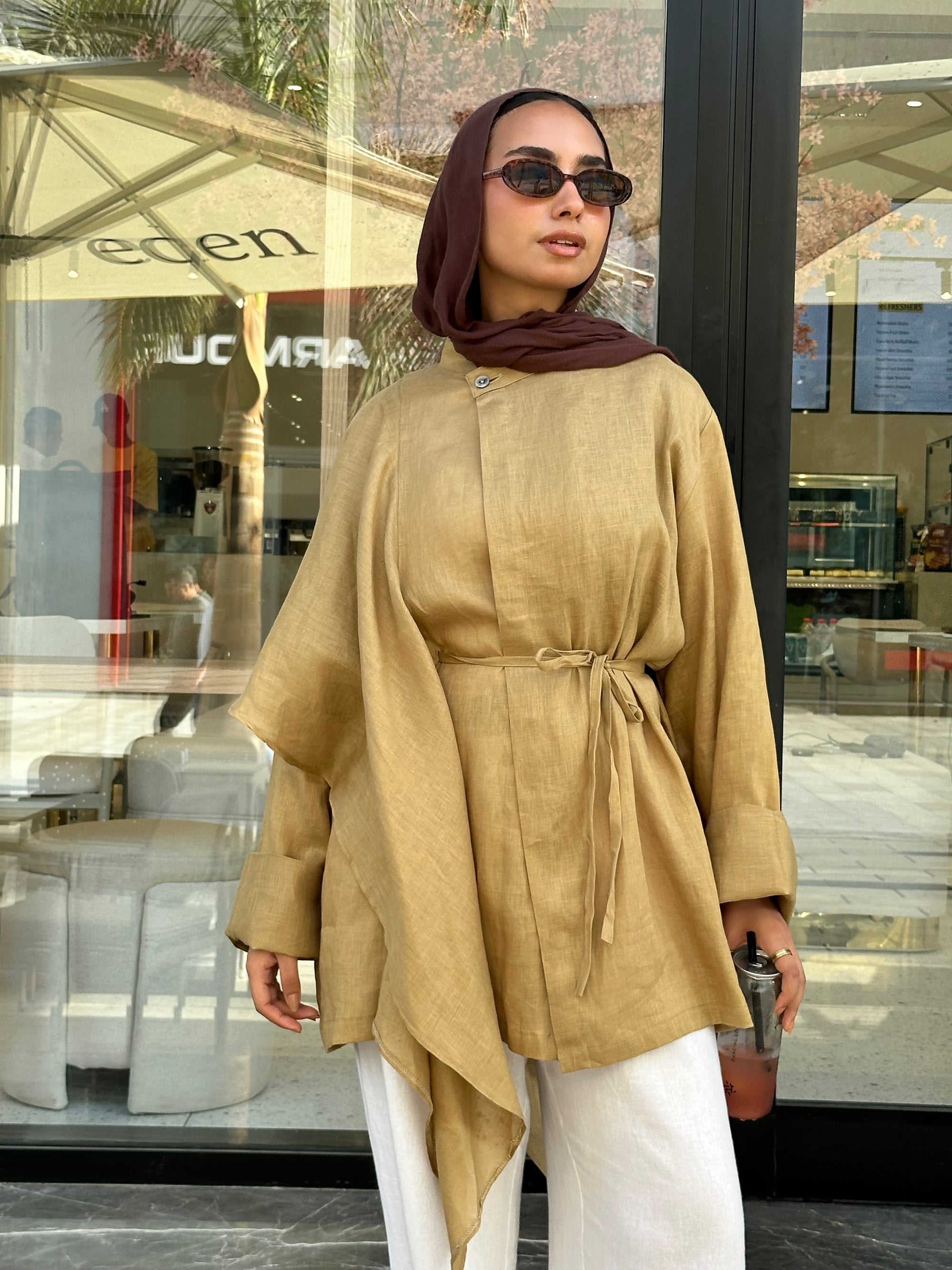 Beige Side Ruffle Linen Shirt