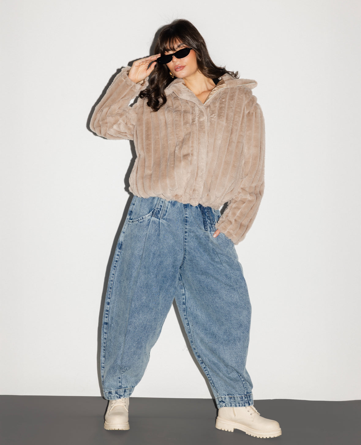 Beige Lined Fur Bomber