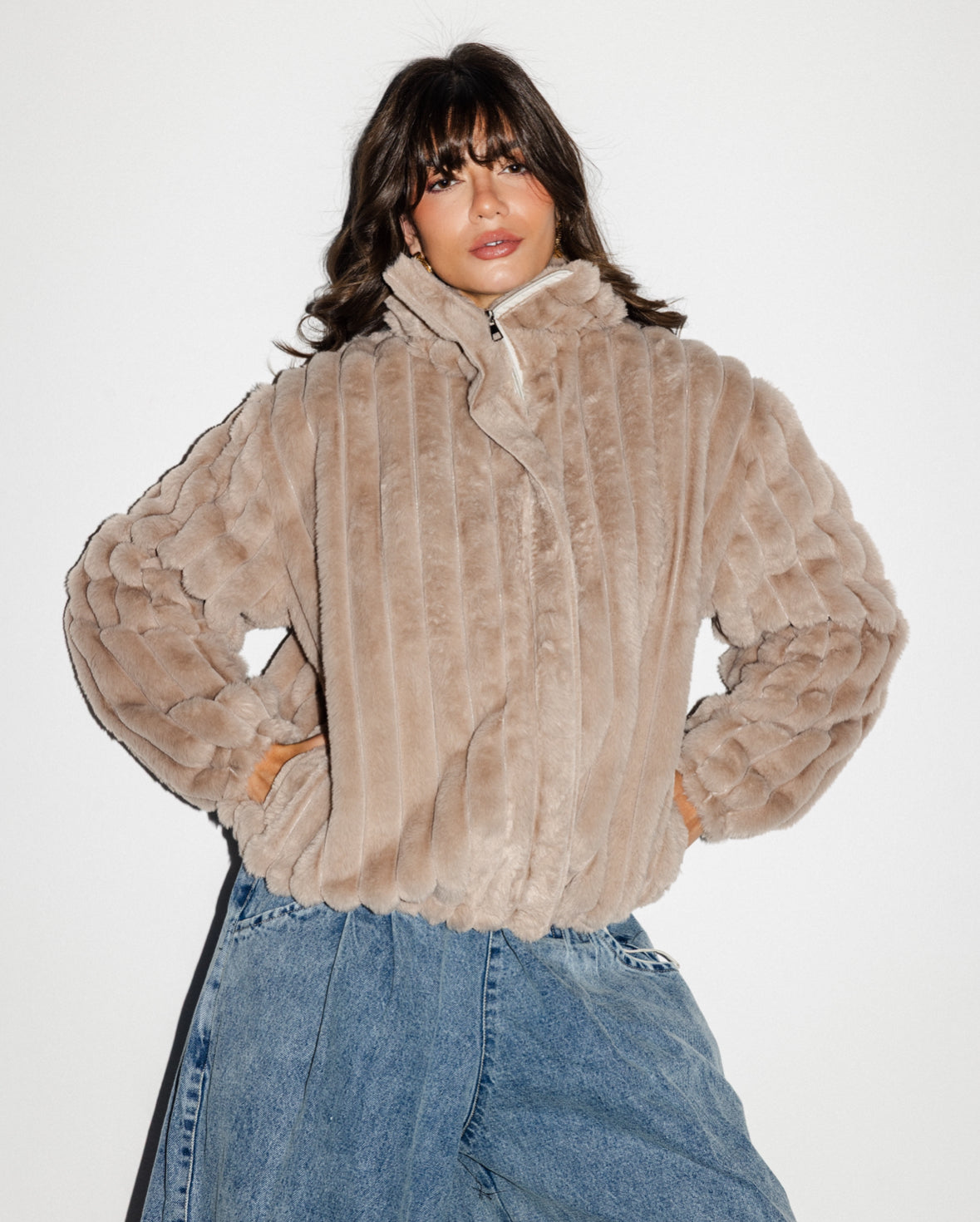 Beige Lined Fur Bomber