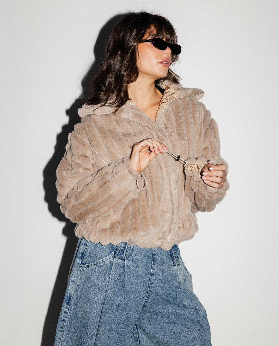 Beige Lined Fur Bomber