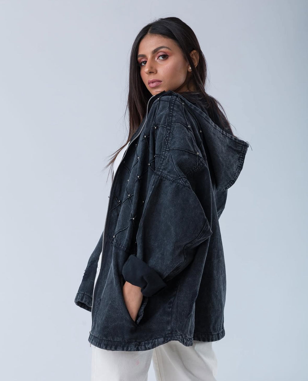 Washed Black Jacquard Denim Jacket