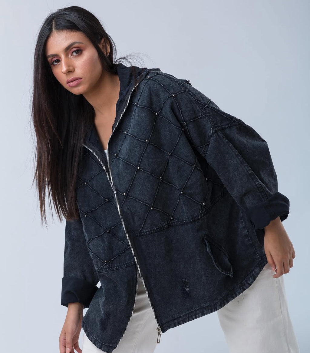 Washed Black Jacquard Denim Jacket