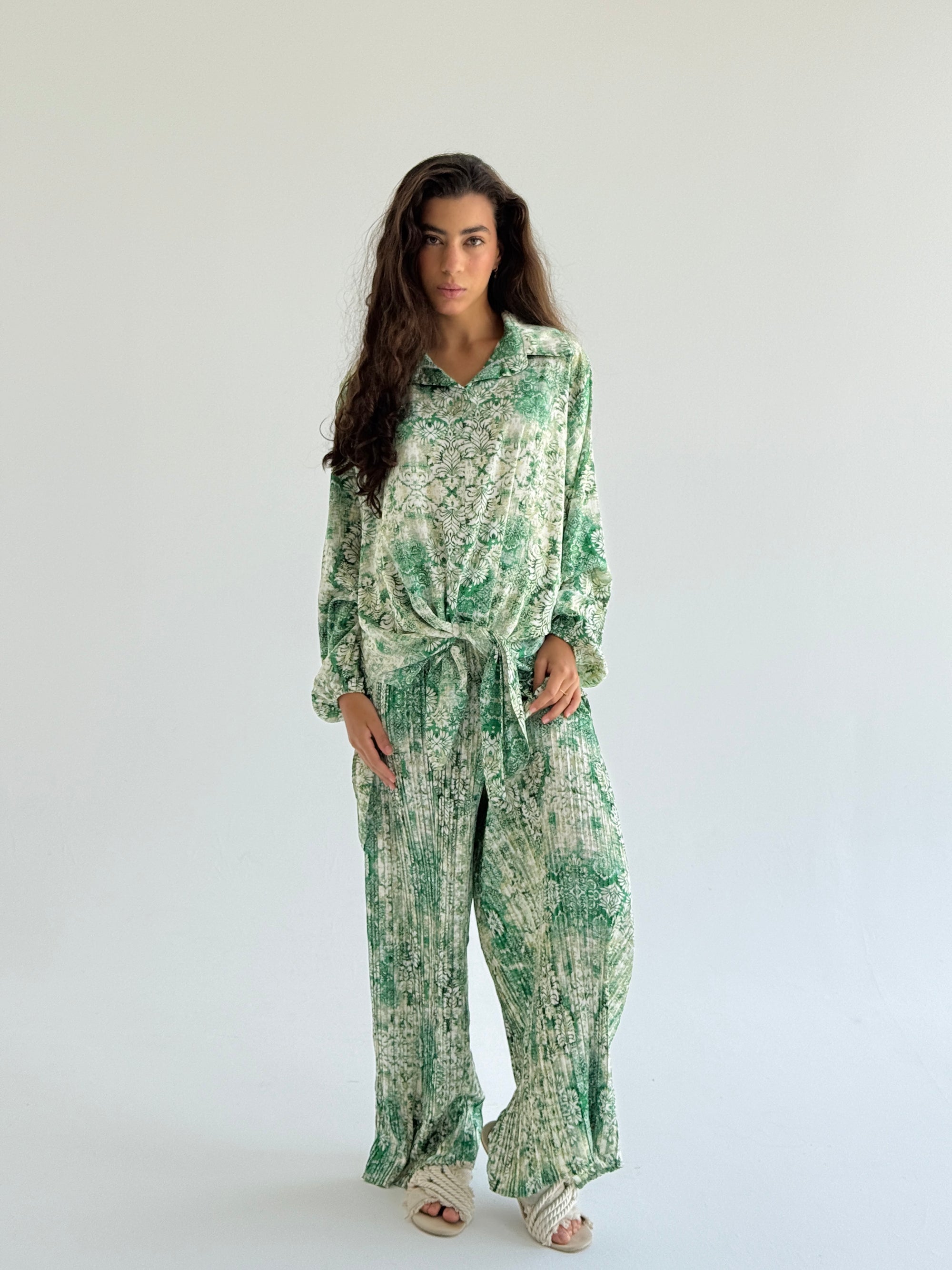 Mint Satin Pleated Set