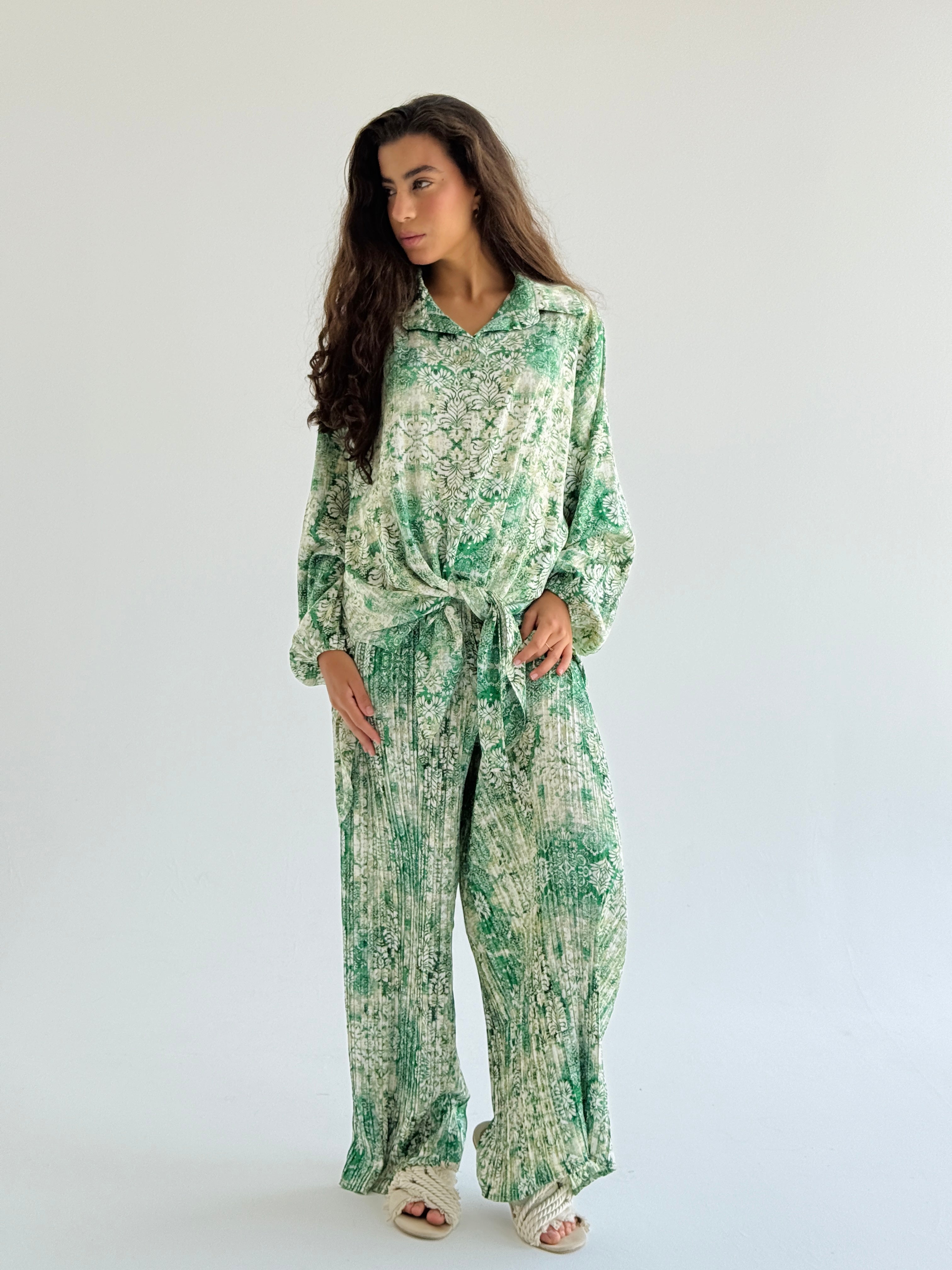 Mint Satin Pleated Set