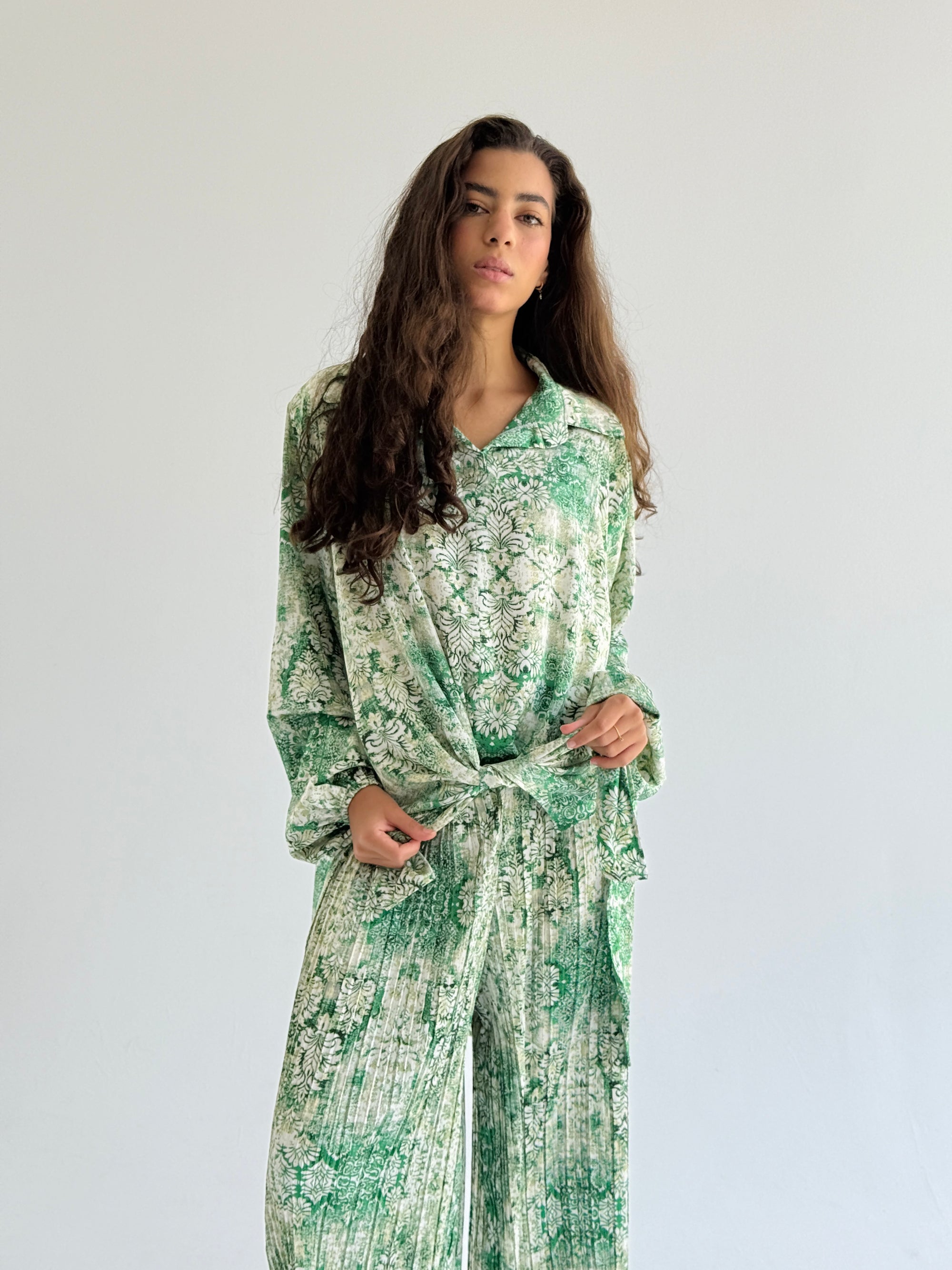 Mint Satin Pleated Set