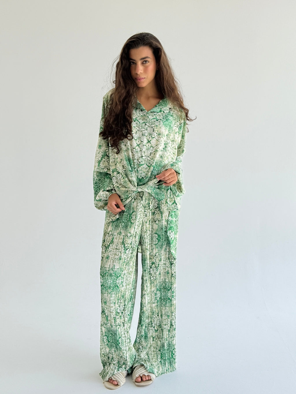 Mint Satin Pleated Set