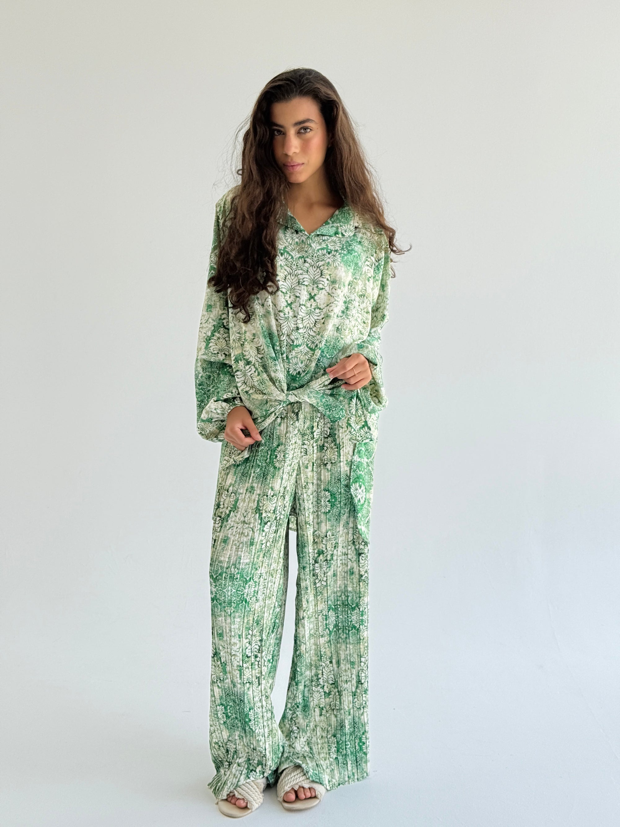 Mint Satin Pleated Set