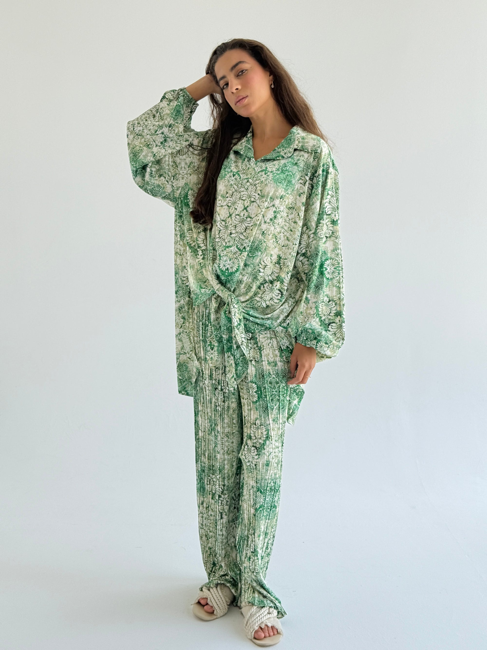 Mint Satin Pleated Set