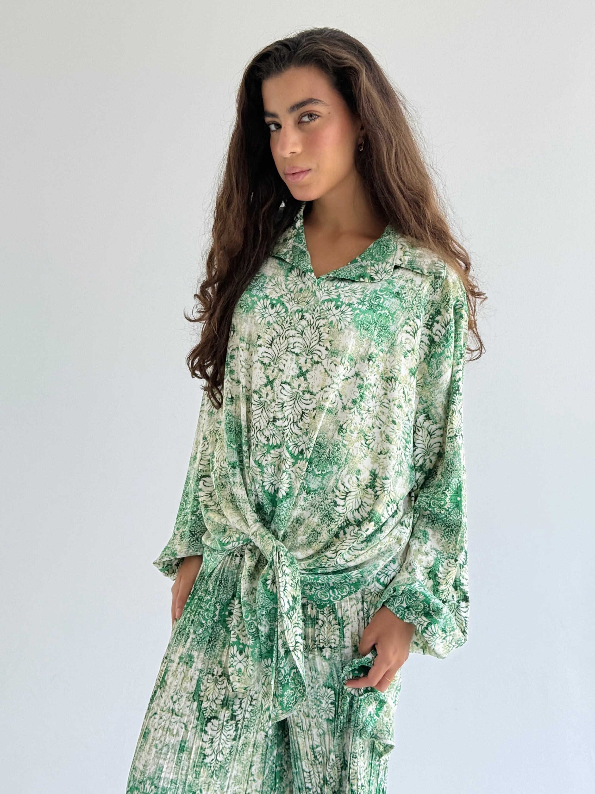 Mint Satin Pleated Set