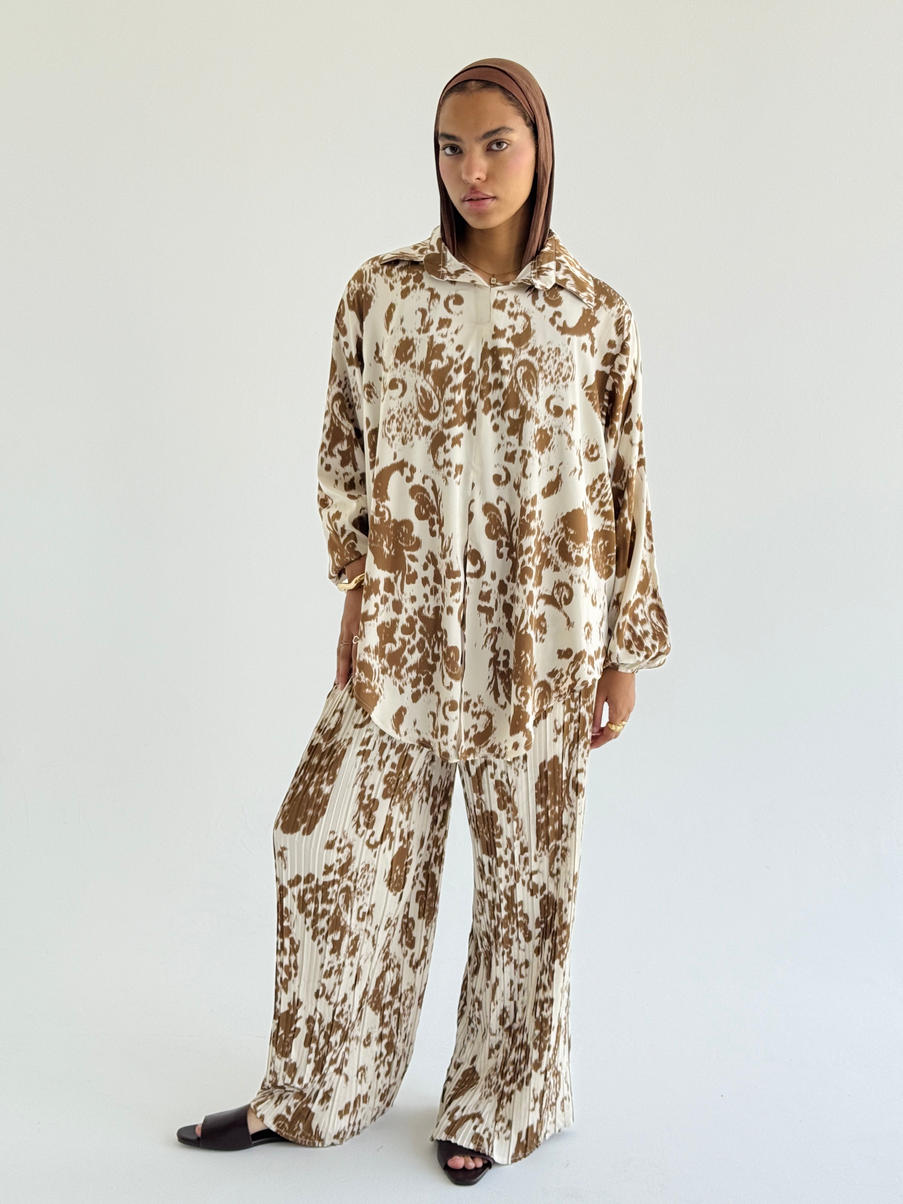 Camel Satin Pleated Set