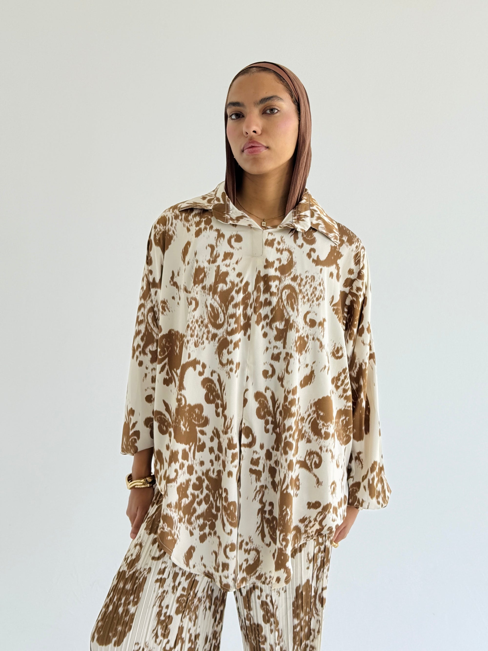 Camel Satin Pleated Set