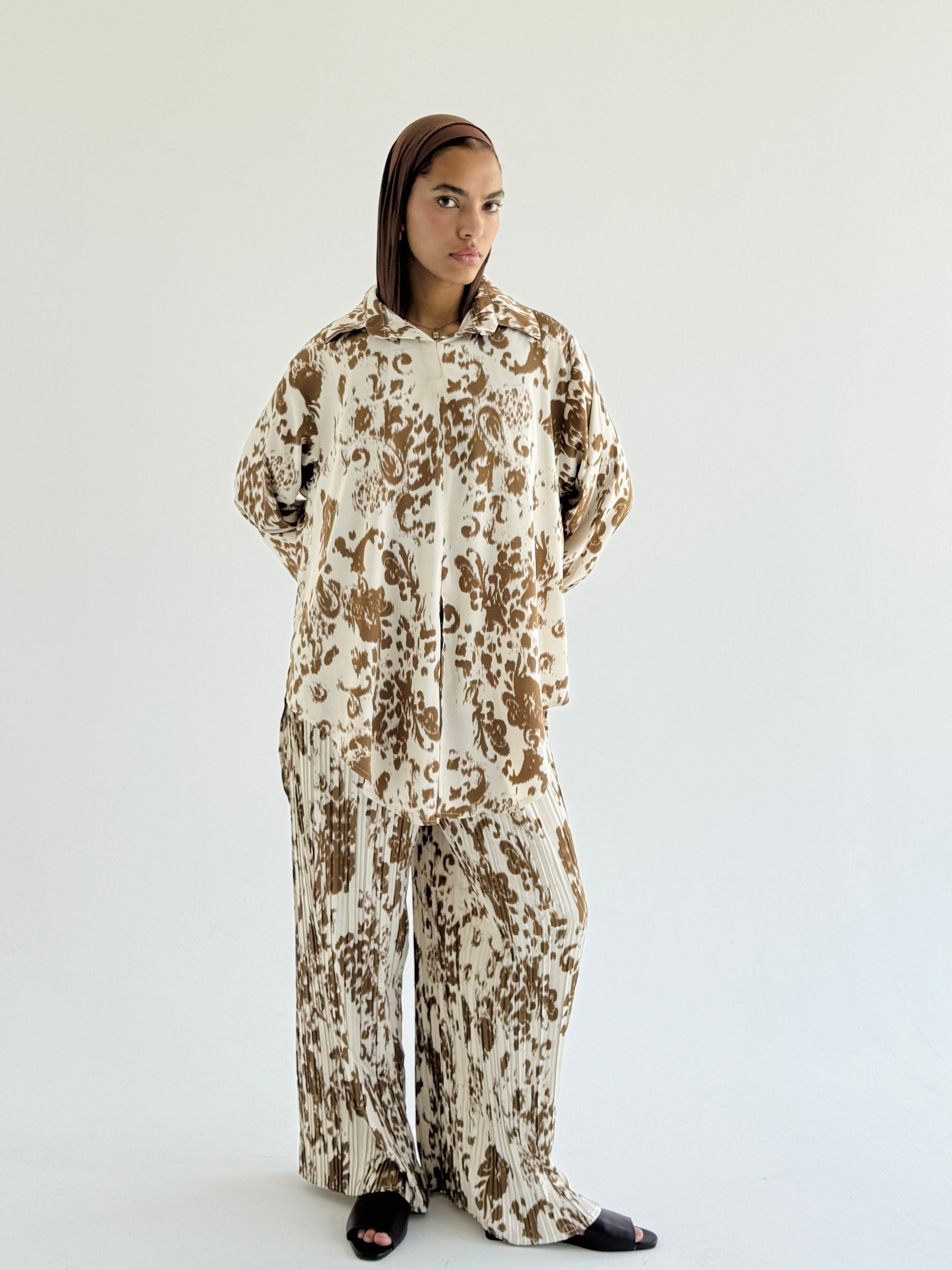 Camel Satin Pleated Set