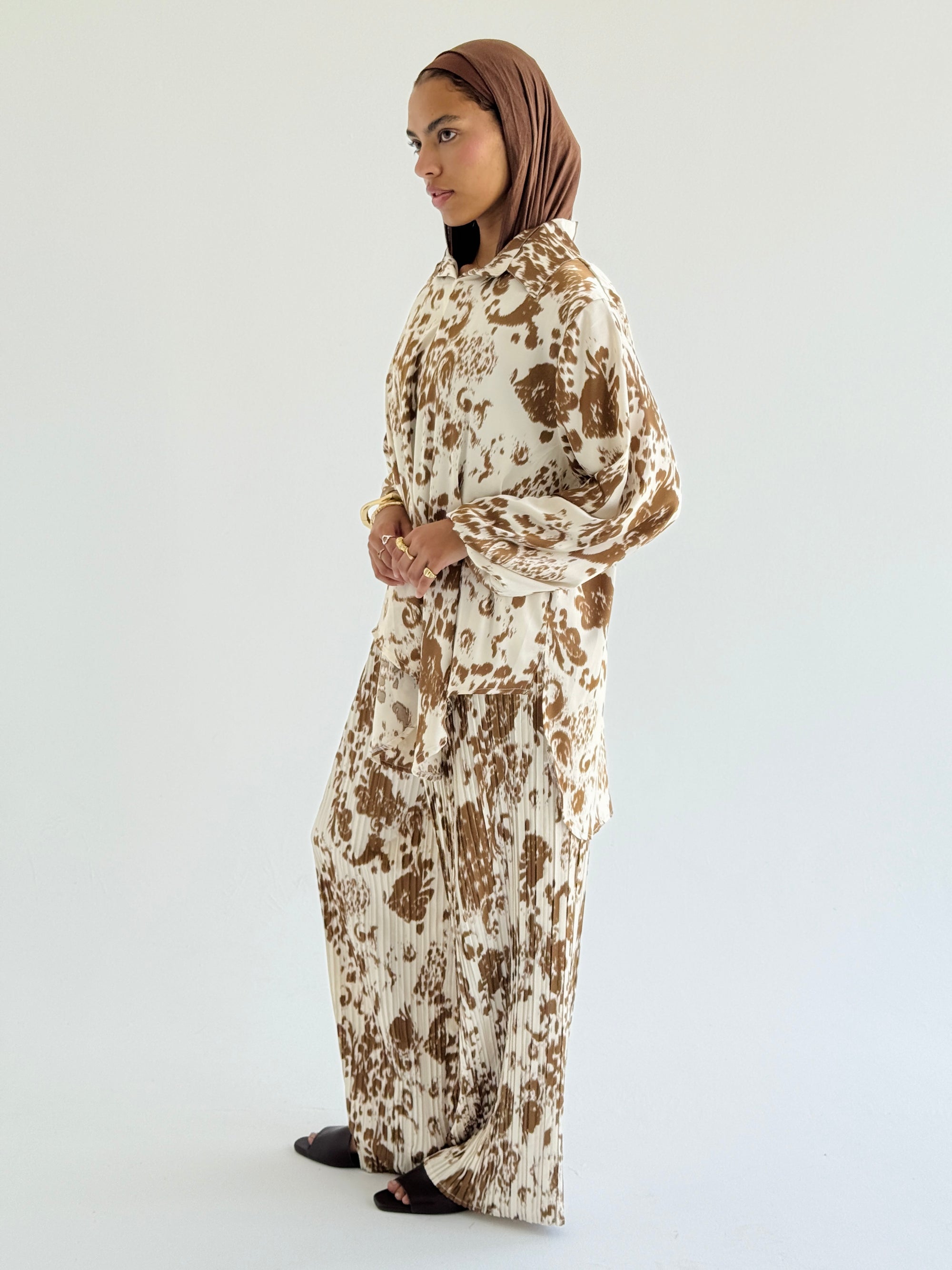 Camel Satin Pleated Set