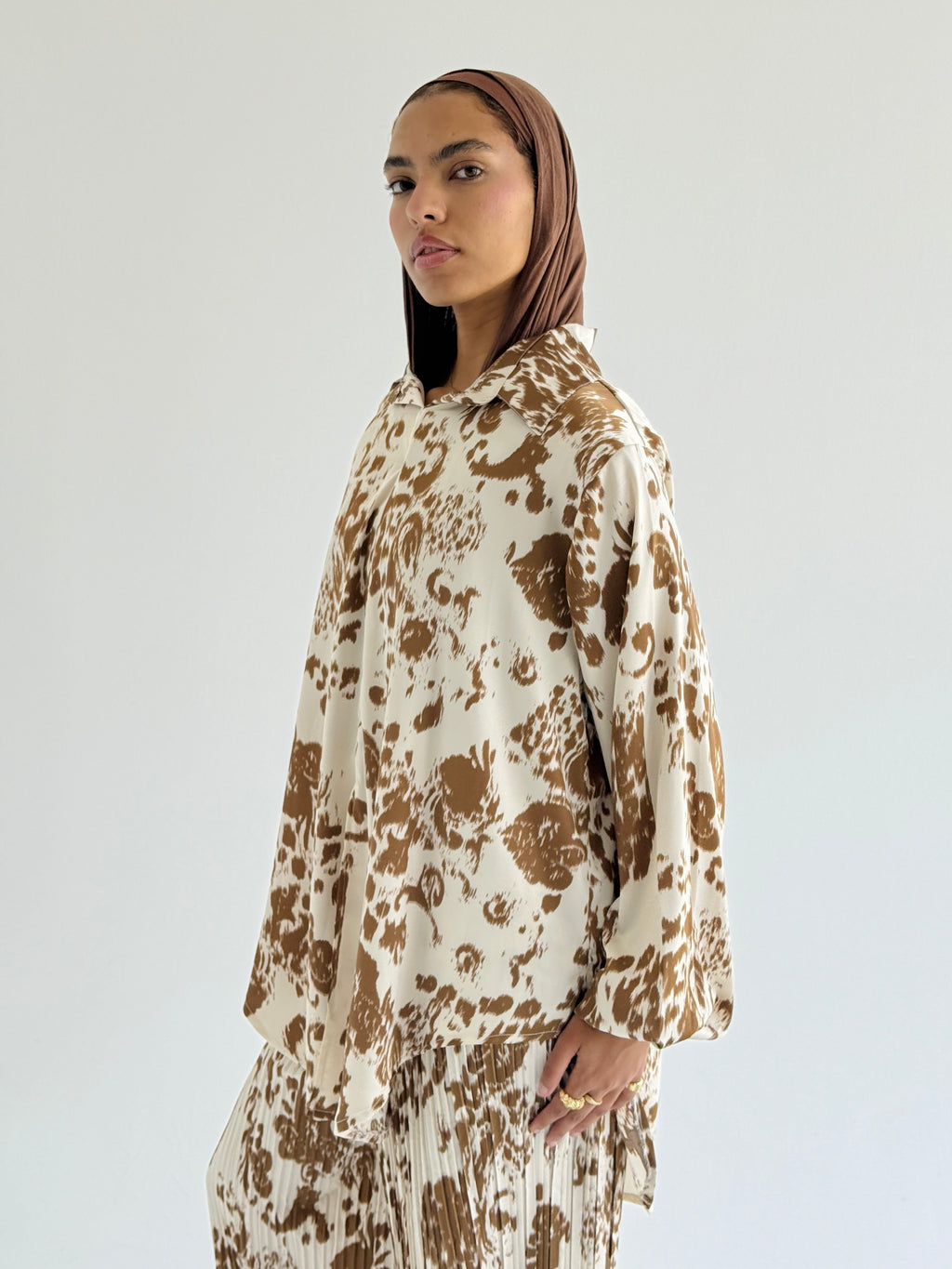 Camel Satin Pleated Set