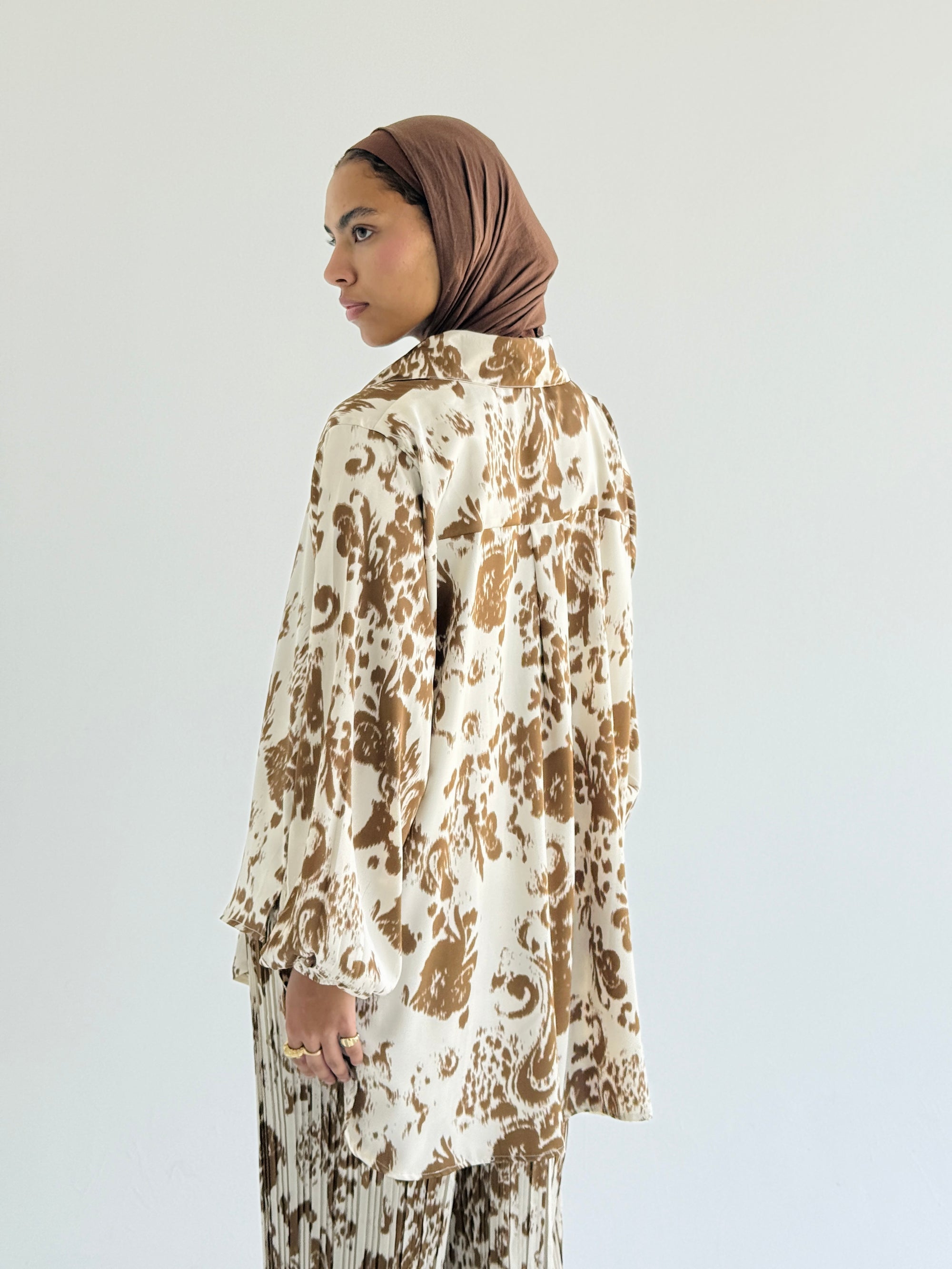 Camel Satin Pleated Set