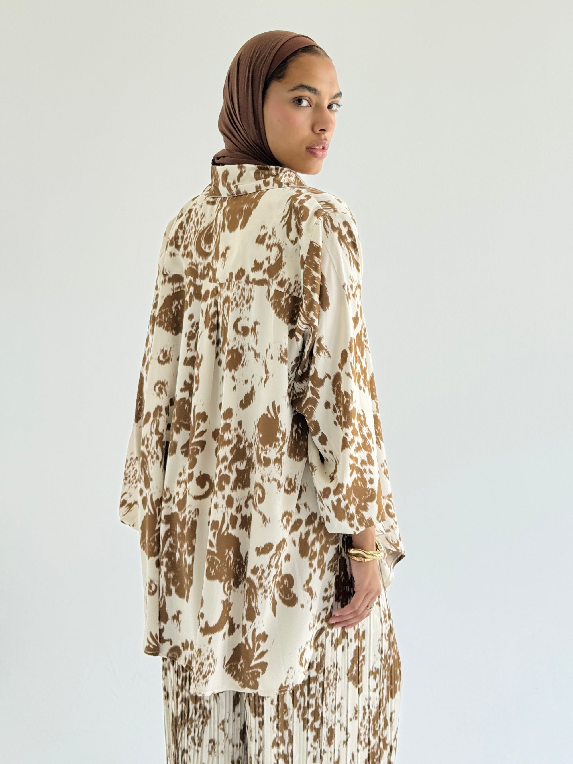 Camel Satin Pleated Set