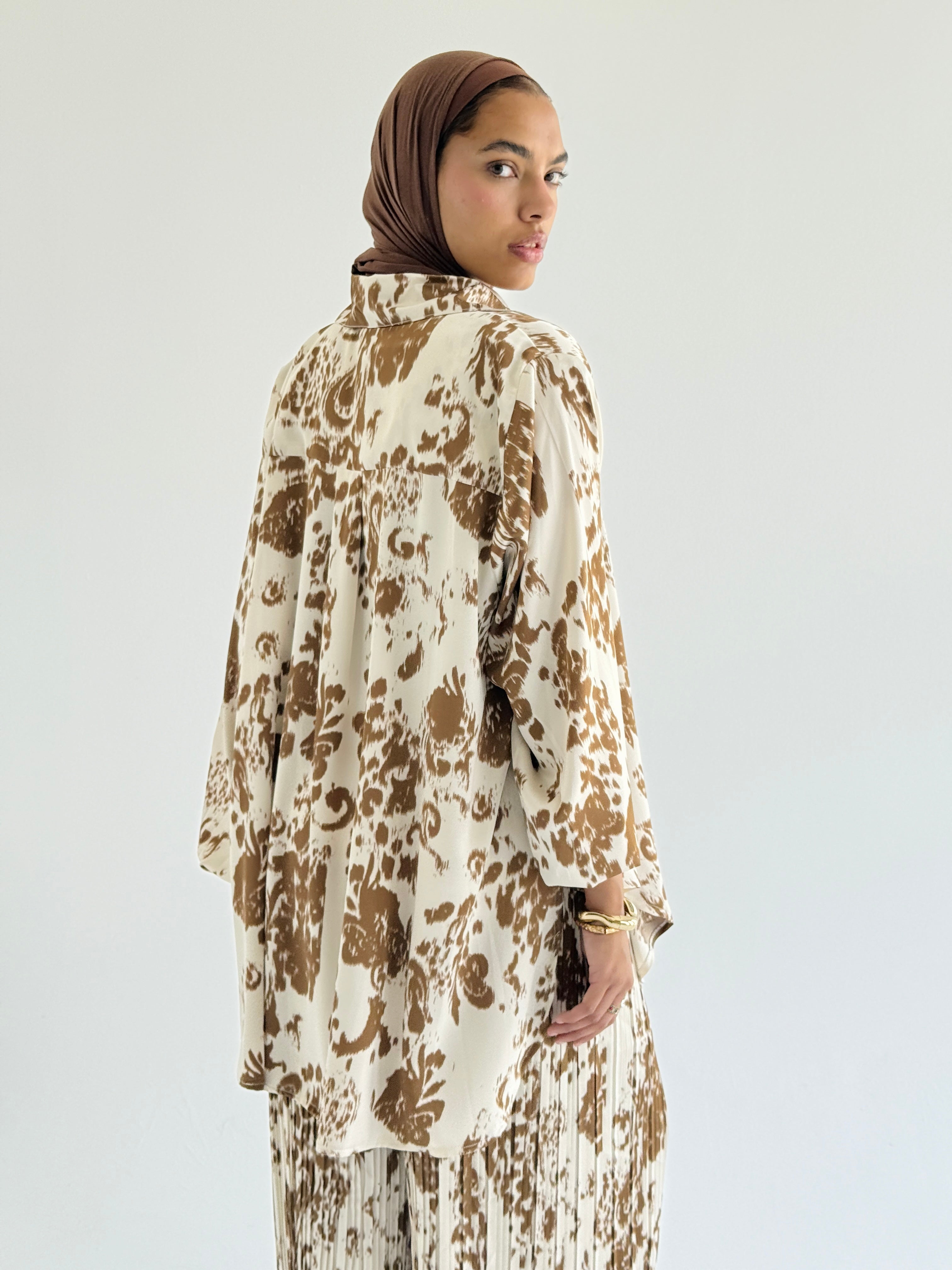 Camel Satin Pleated Set