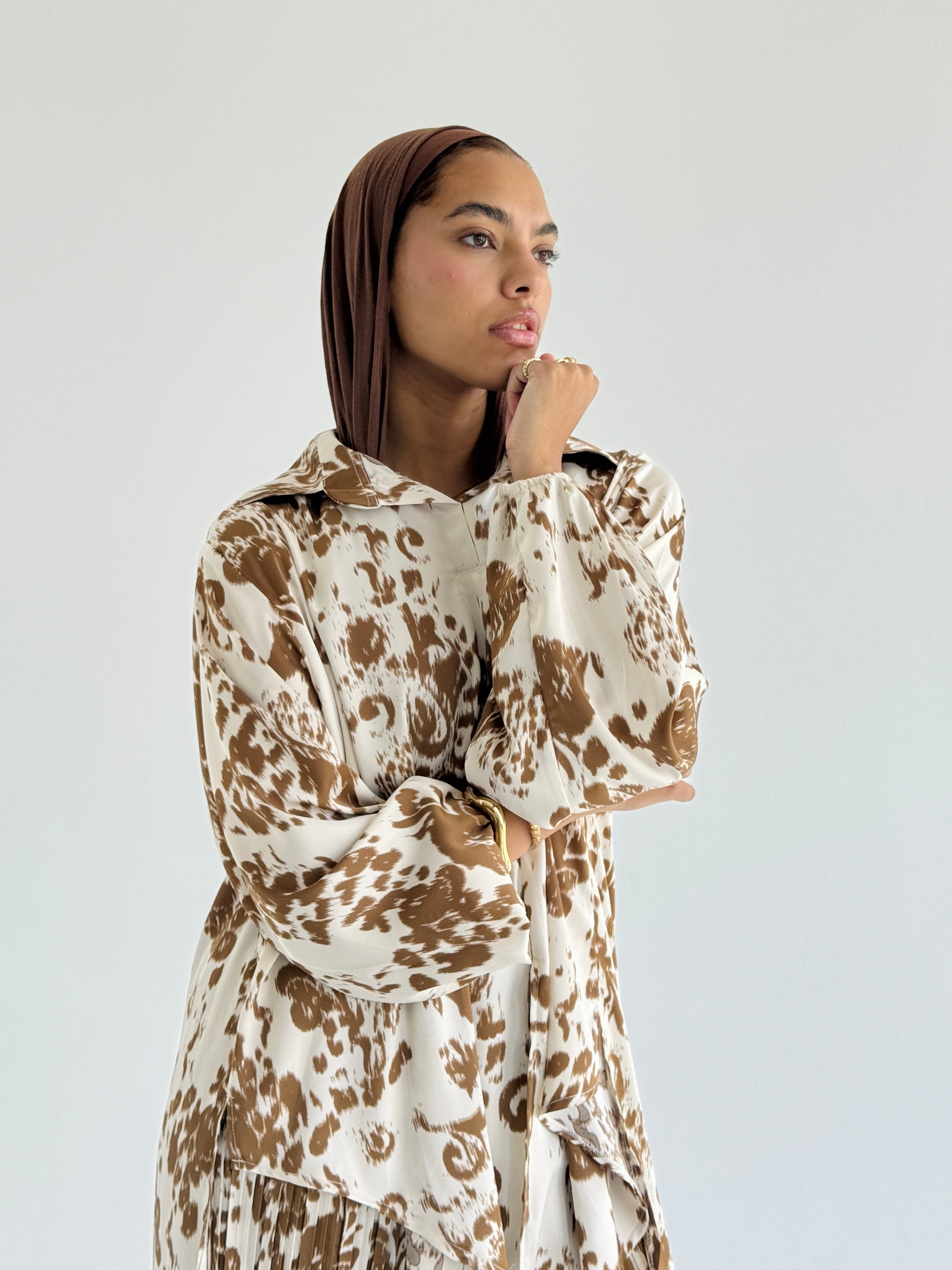 Camel Satin Pleated Set