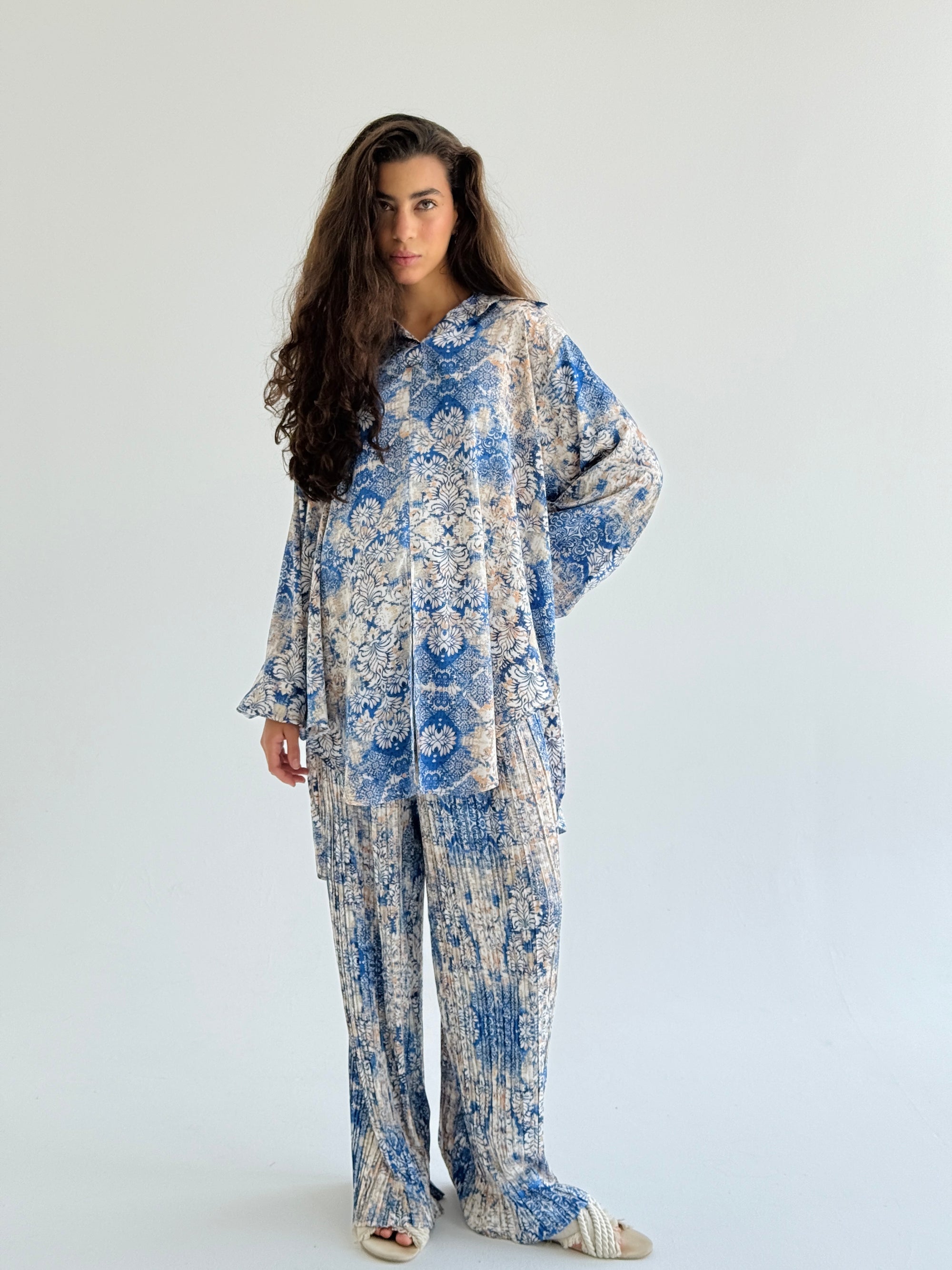 Blue Satin Pleated Set