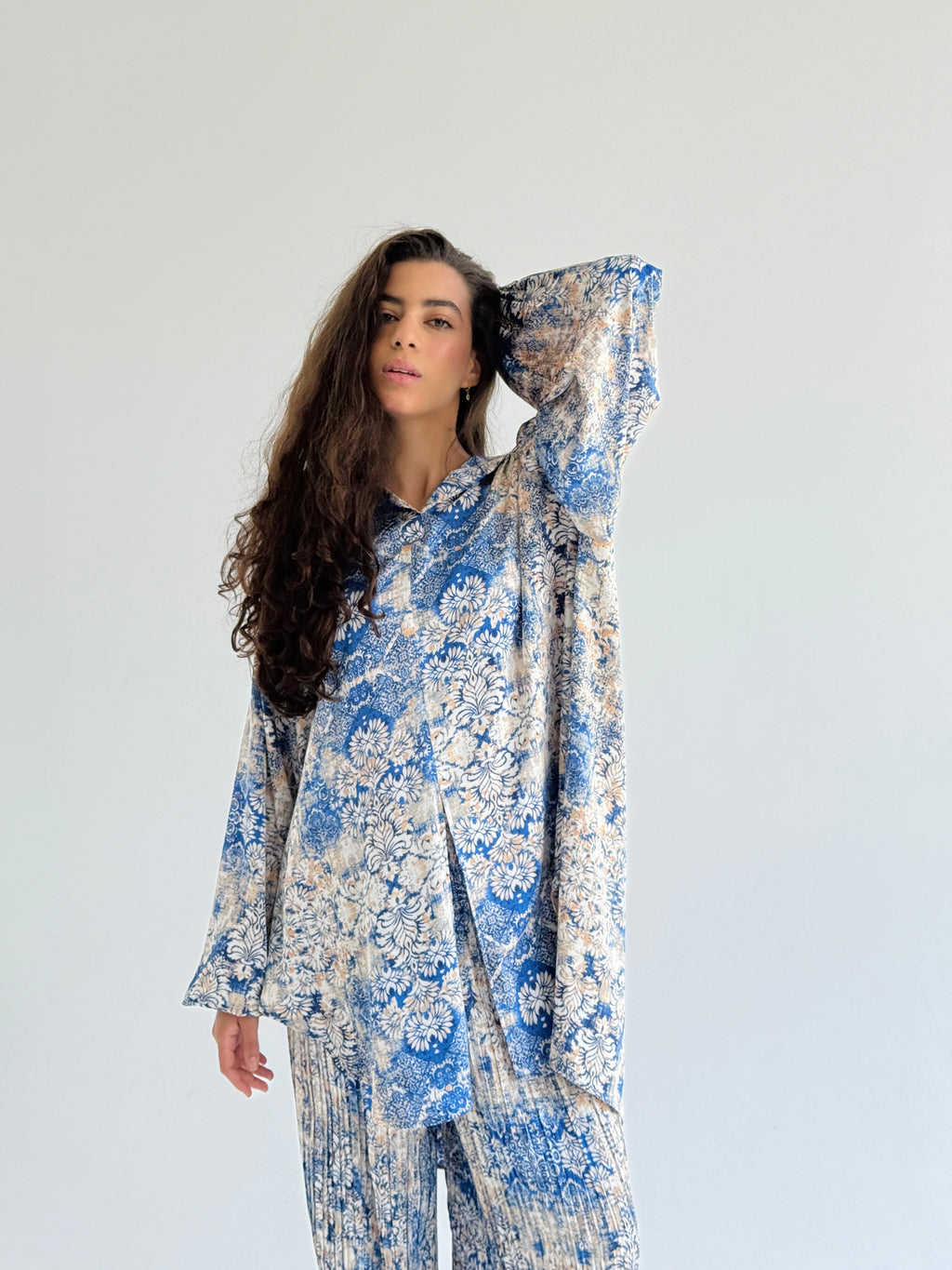 Blue Satin Pleated Set