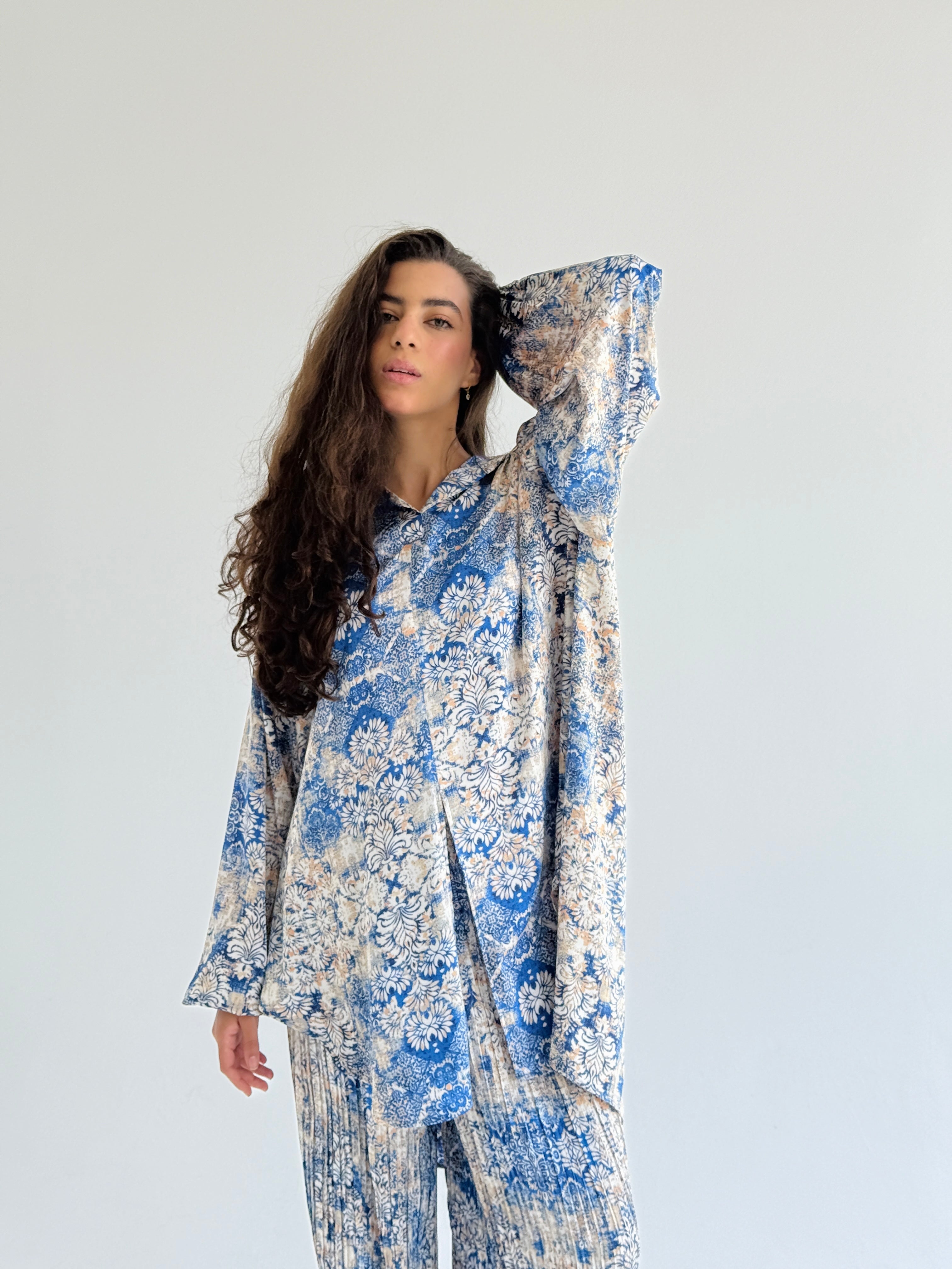 Blue Satin Pleated Set