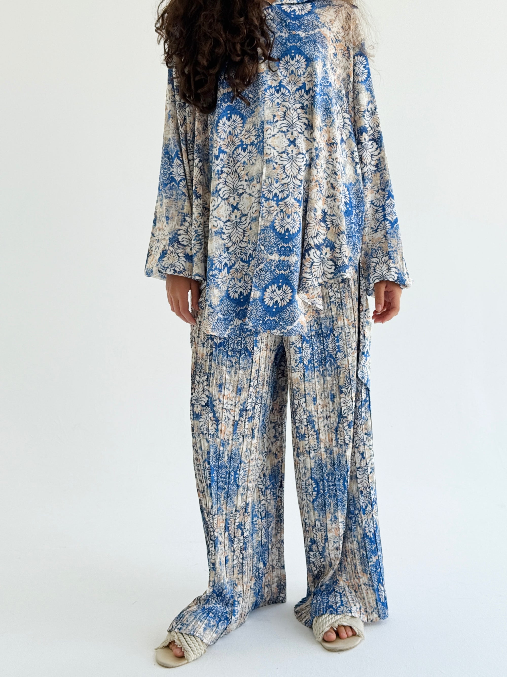 Blue Satin Pleated Set