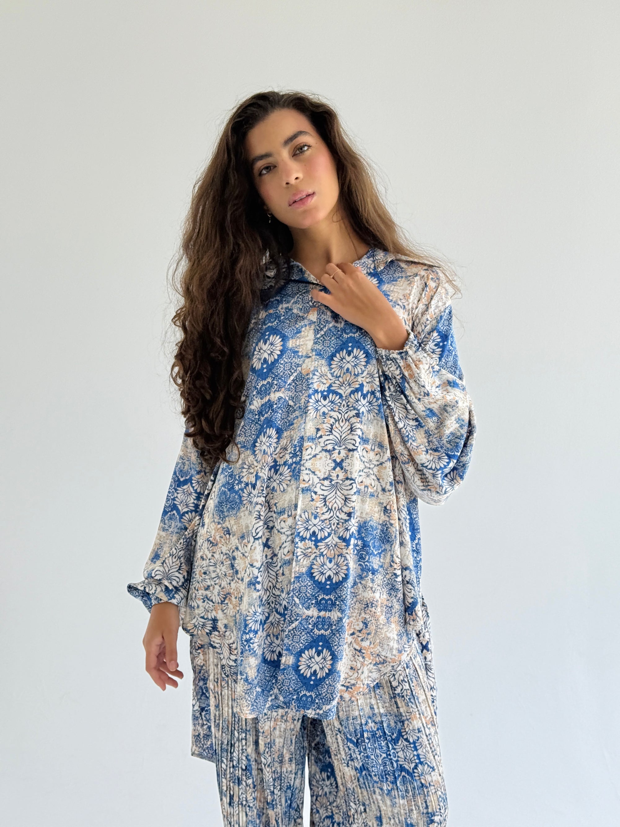 Blue Satin Pleated Set