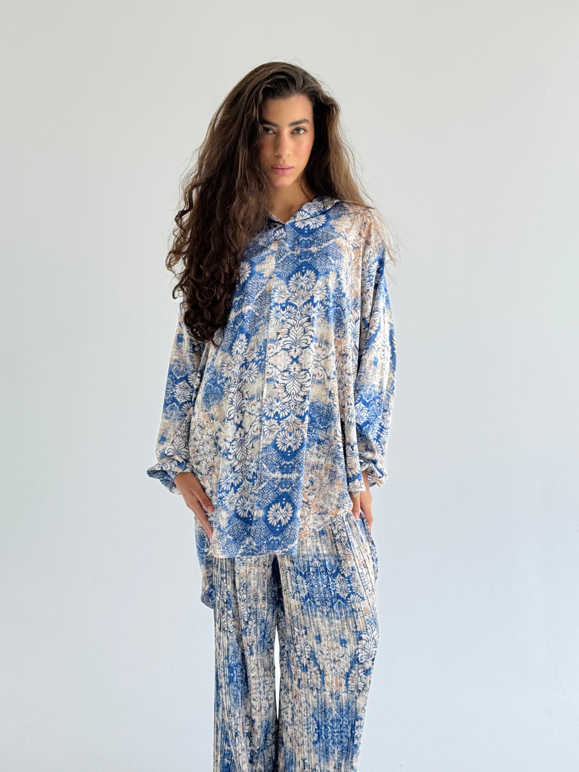 Blue Satin Pleated Set